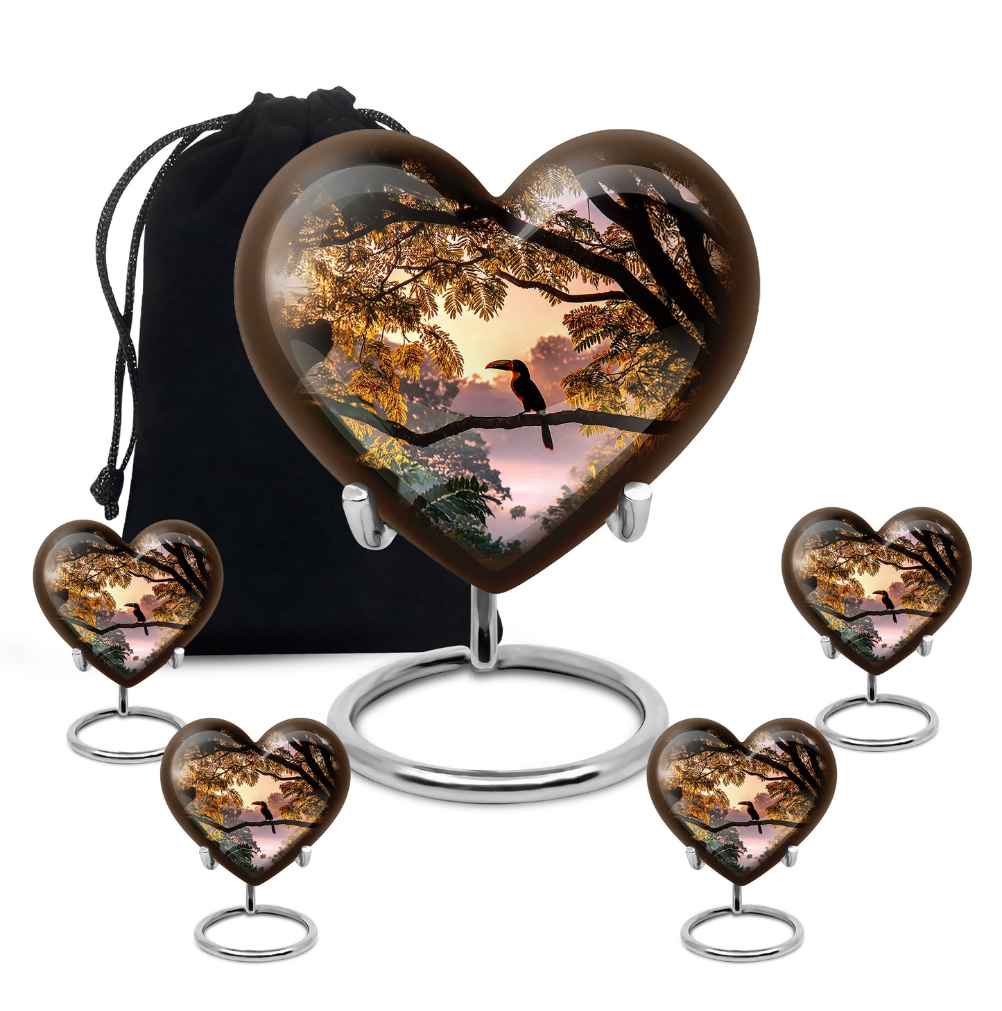 Rich Black Hornbill Cremation Urn close-up of engraving and surface detail - heart-shaped hornbill design symbolizing eternal love - memorial set with one large and four small urns