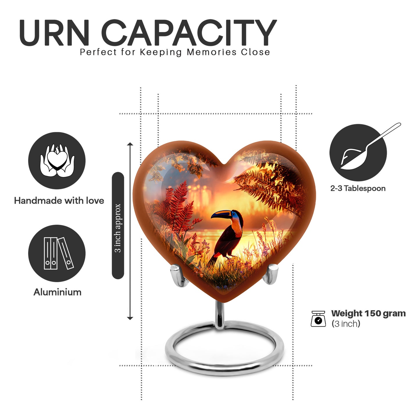 Burgundy Red Hornbill Cremation Urn front view showing detailed design - loving heart memorial featuring hornbill pattern - mini keepsake memorial for portion of cremation ashes