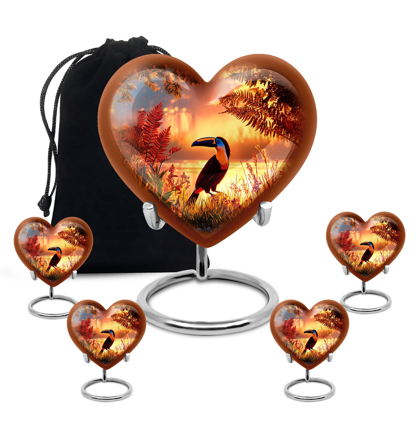 Fiery Red Hornbill Cremation Urn close-up of engraving and surface detail - romantic heart urn with hornbill motif on aluminum - memorial set with one large and four small urns
