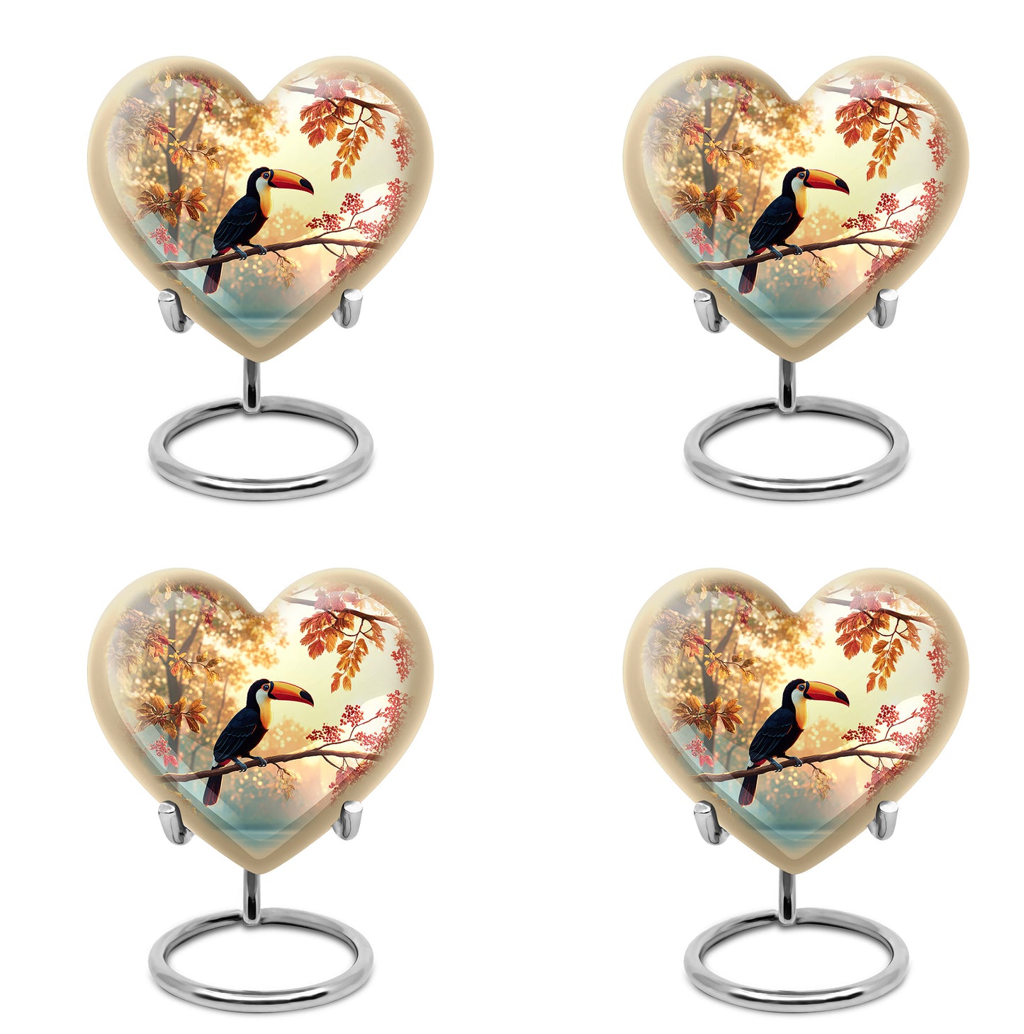 Sunrise Gold Hornbill Cremation Urn angled view of lid and engraved motif - heart-shaped hornbill design symbolizing eternal love - 10 inch aluminum urn for cremated remains