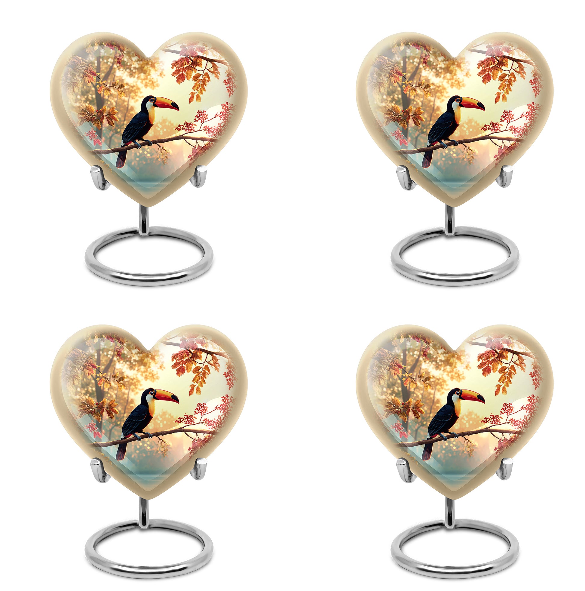 Sunrise Gold Hornbill Cremation Urn angled view of lid and engraved motif - heart-shaped hornbill design symbolizing eternal love - 10 inch aluminum urn for cremated remains