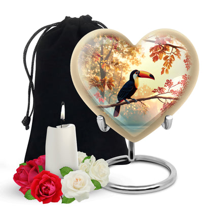 Matte Gold Hornbill Cremation Urn detail view - compassionate heart-hornbill combination with gentle curves - full-size 10 inch 200 cubic inch adult cremation urn