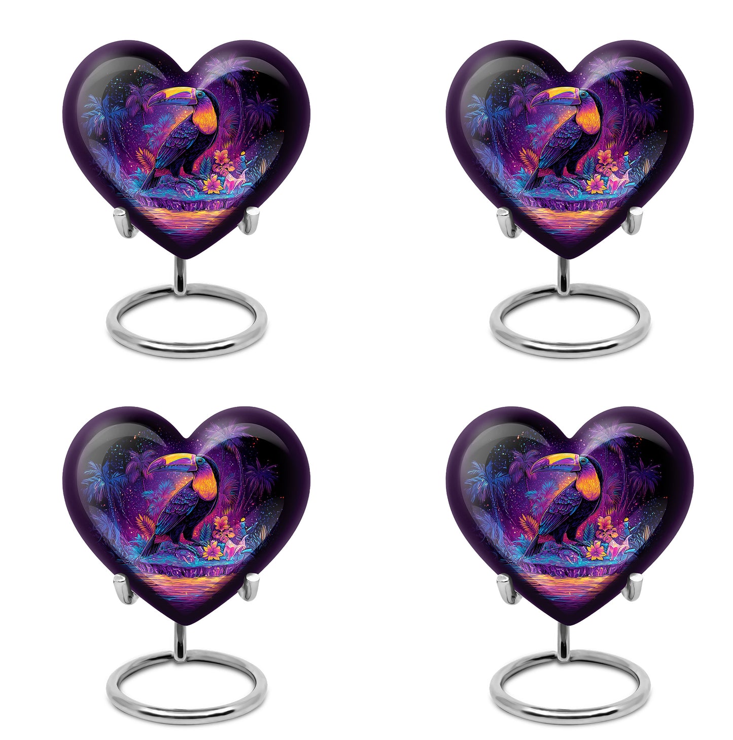 Glossy Black Hornbill Cremation Urn angled view of lid and engraved motif - loving heart memorial featuring hornbill pattern - 10 inch aluminum urn for cremated remains