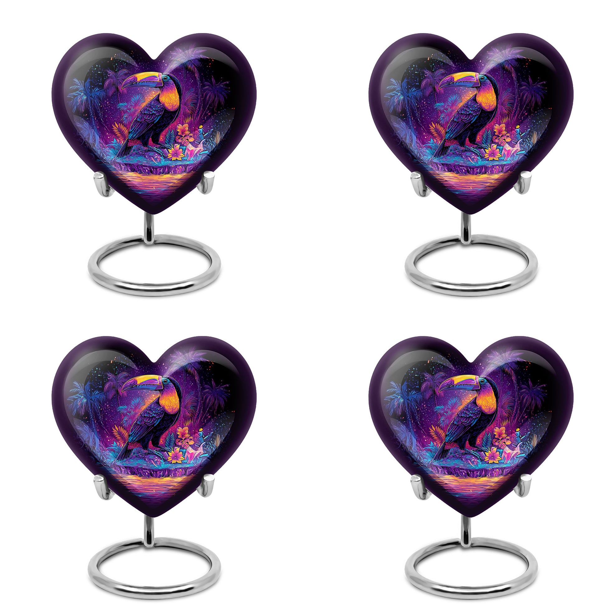 Glossy Black Hornbill Cremation Urn angled view of lid and engraved motif - loving heart memorial featuring hornbill pattern - 10 inch aluminum urn for cremated remains