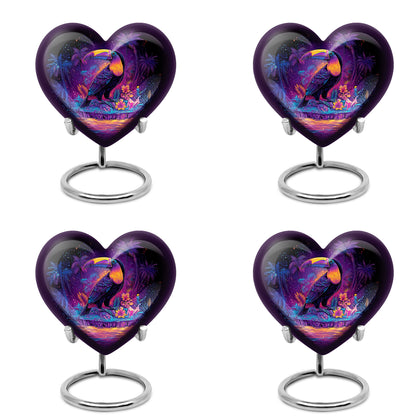 Glossy Black Hornbill Cremation Urn angled view of lid and engraved motif - loving heart memorial featuring hornbill pattern - 10 inch aluminum urn for cremated remains