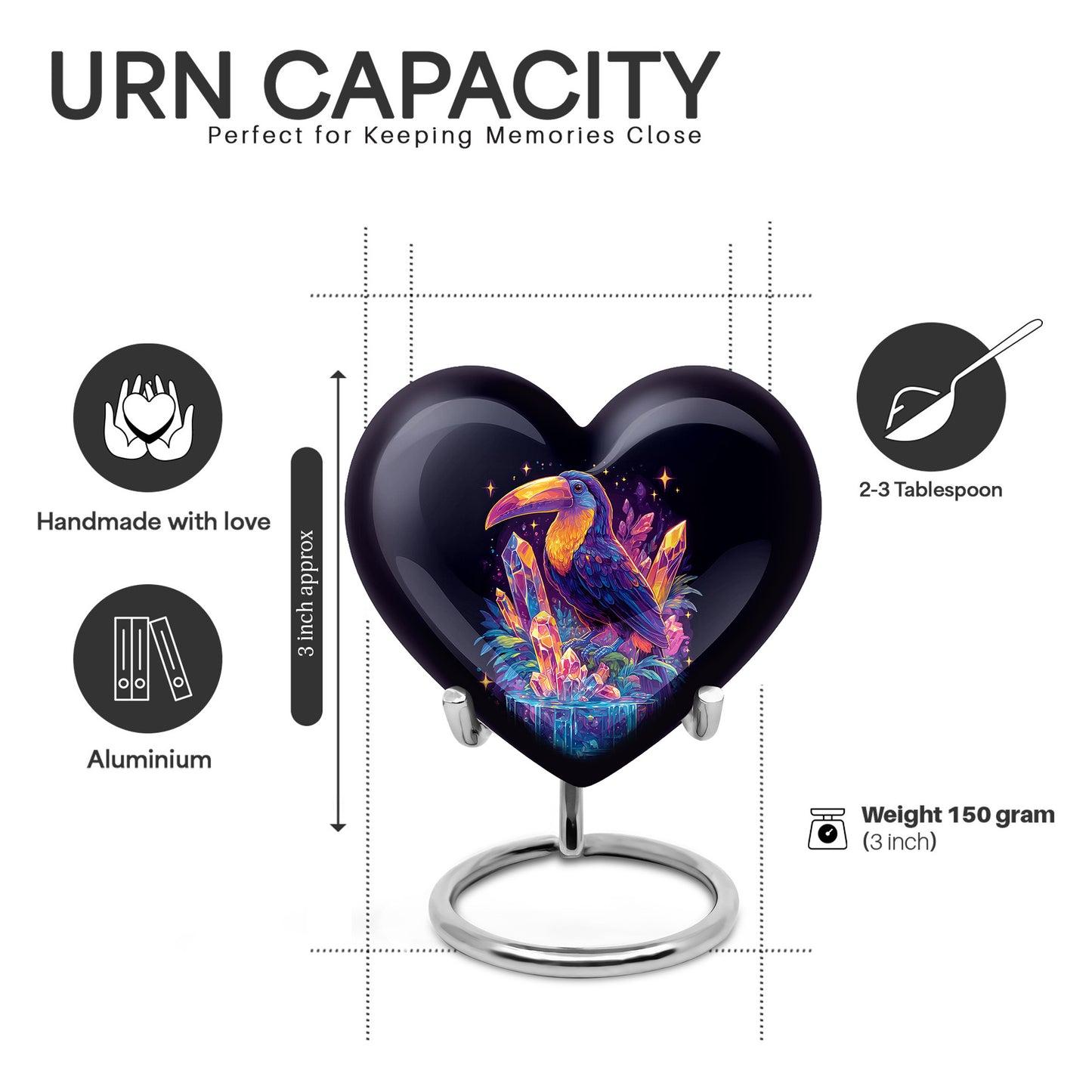 Dusty Blue Hornbill Cremation Urn front view showing detailed design - loving heart memorial featuring hornbill pattern - mini keepsake memorial for portion of cremation ashes