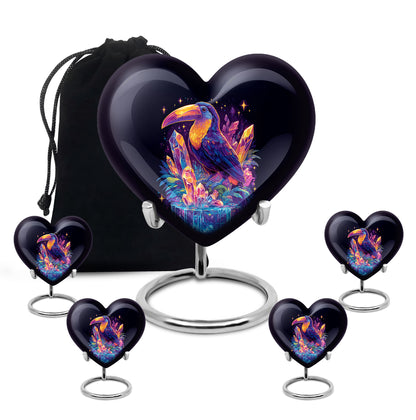 Pastel Blue Hornbill Cremation Urn close-up of engraving and surface detail - heart-shaped hornbill design symbolizing eternal love - memorial set with one large and four small urns