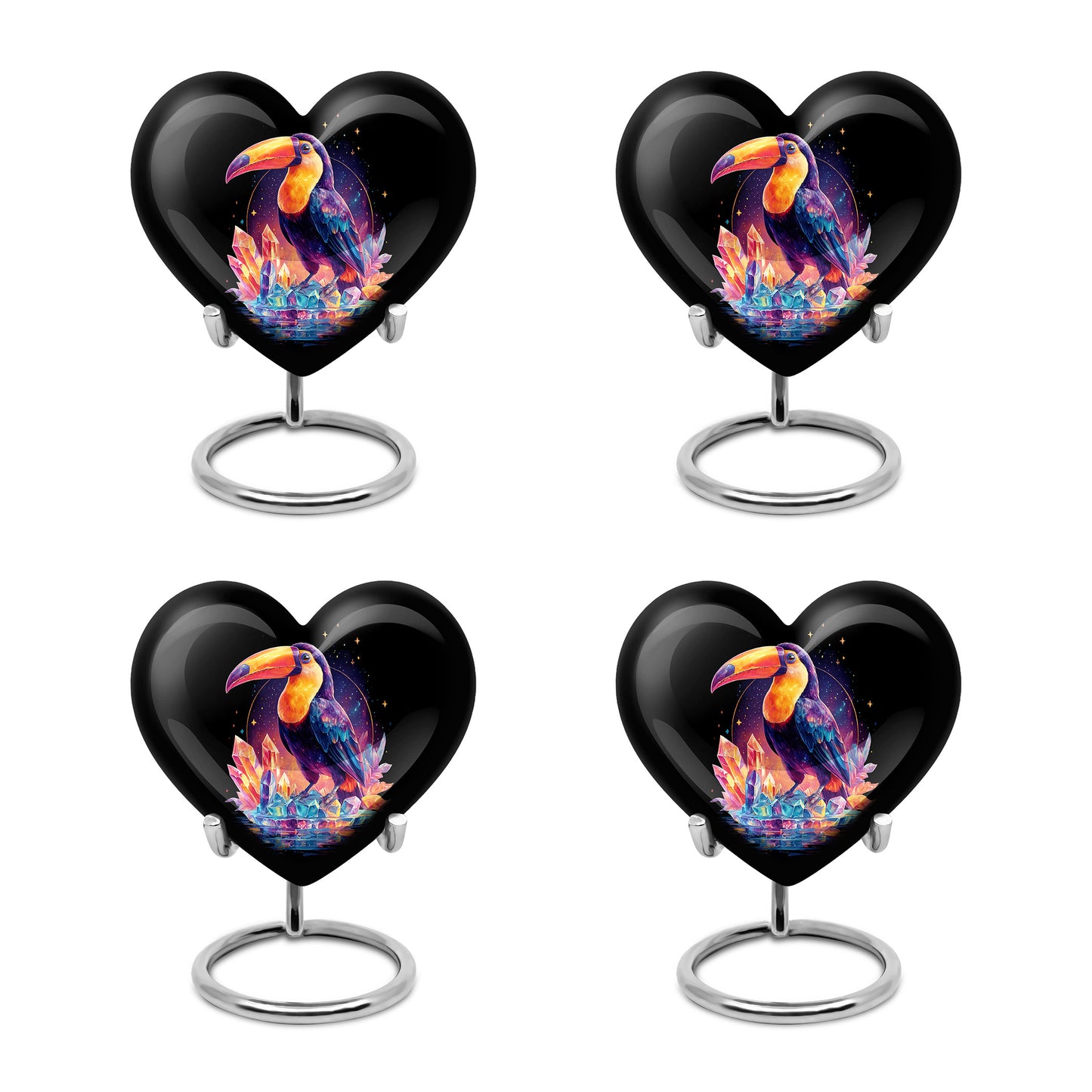 Jet Black Hornbill Cremation Urn angled view of lid and engraved motif - heart-shaped hornbill design symbolizing eternal love - 10 inch aluminum urn for cremated remains