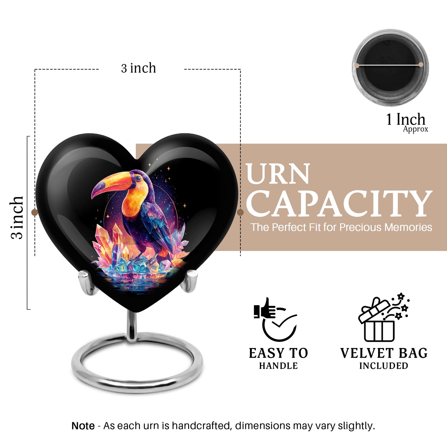Jet Black Hornbill Cremation Urn front view showing detailed design - heart-shaped hornbill design symbolizing eternal love - mini keepsake memorial for portion of cremation ashes