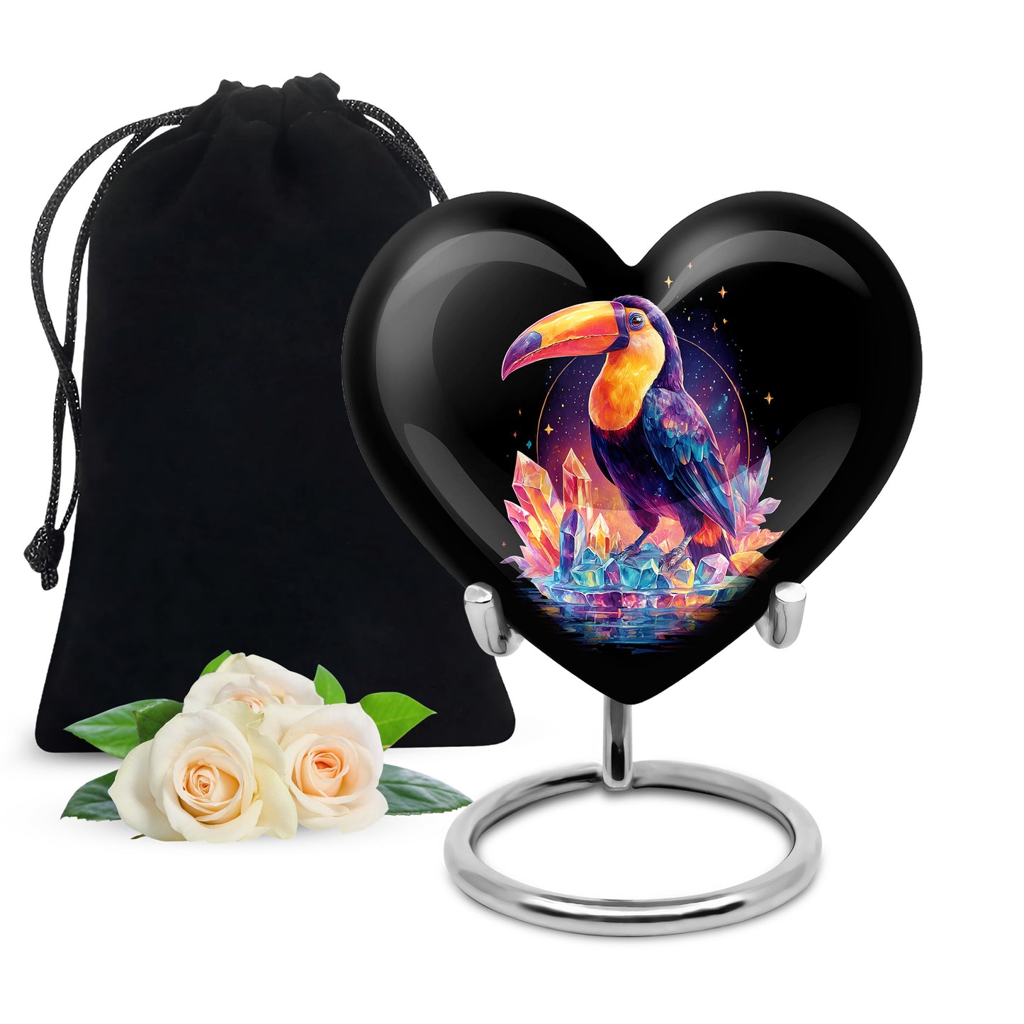 Jet Black Hornbill Cremation Urn detail view - heart-shaped hornbill design symbolizing eternal love - full-size 10 inch 200 cubic inch adult cremation urn