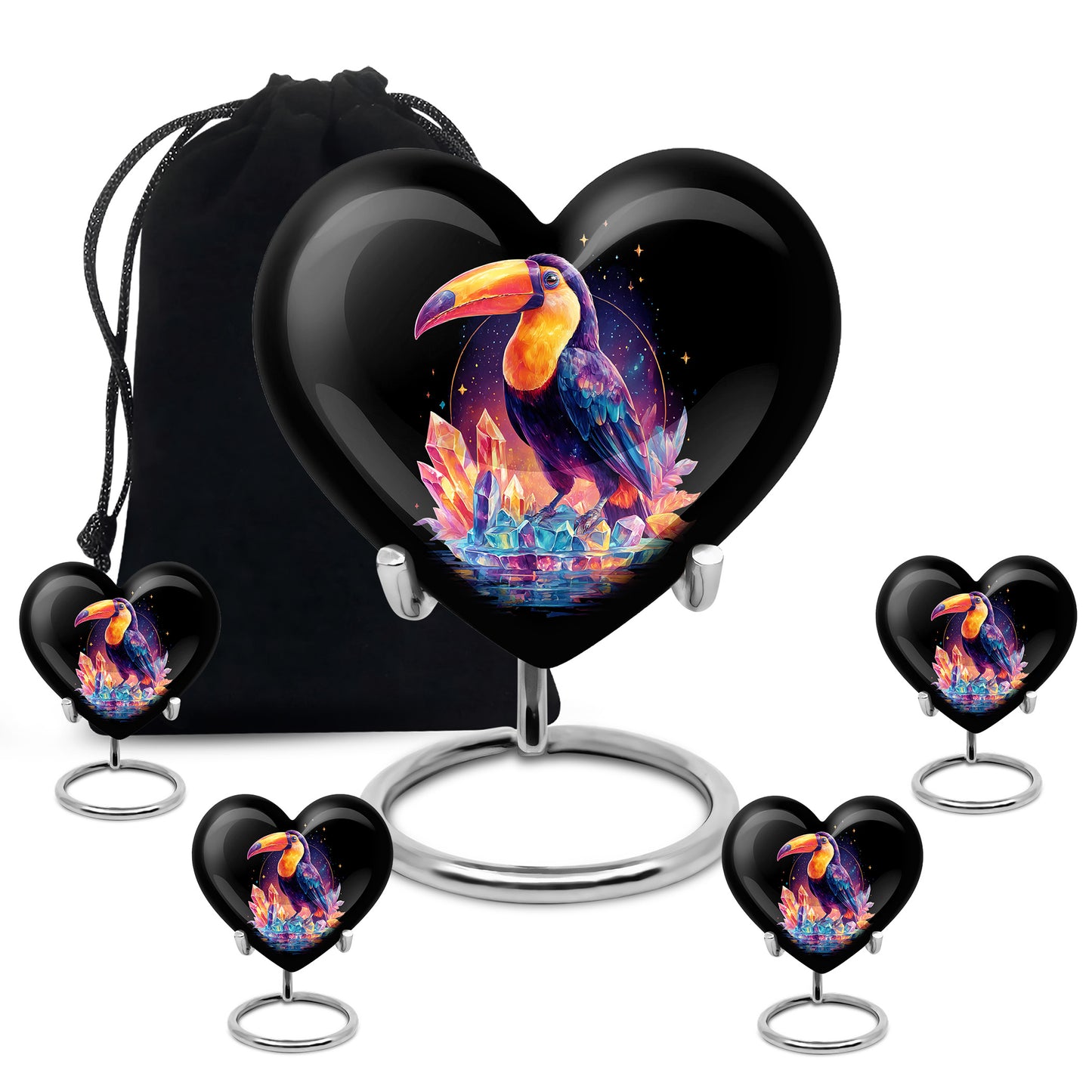 Glossy Black Hornbill Cremation Urn close-up of engraving and surface detail - loving heart memorial featuring hornbill pattern - memorial set with one large and four small urns