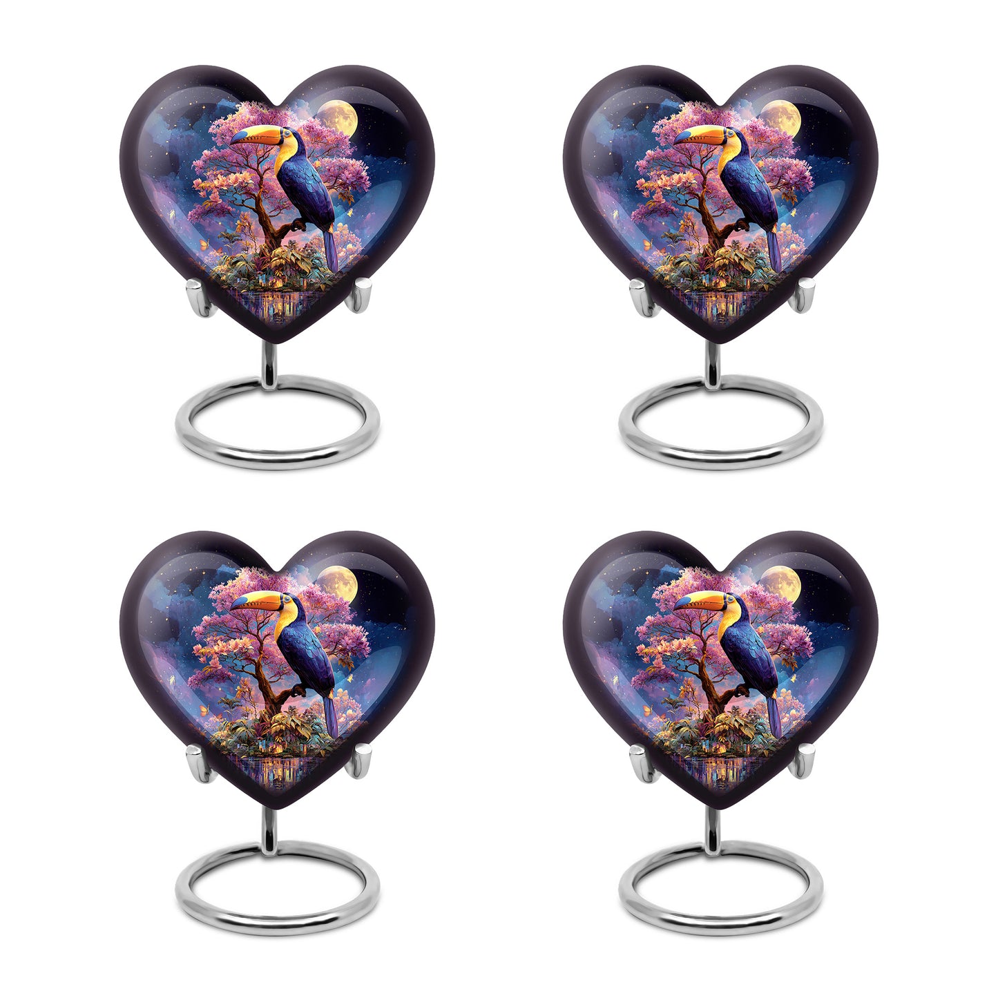 Pastel Blue Hornbill Cremation Urn angled view of lid and engraved motif - heart-shaped hornbill design symbolizing eternal love - 10 inch aluminum urn for cremated remains
