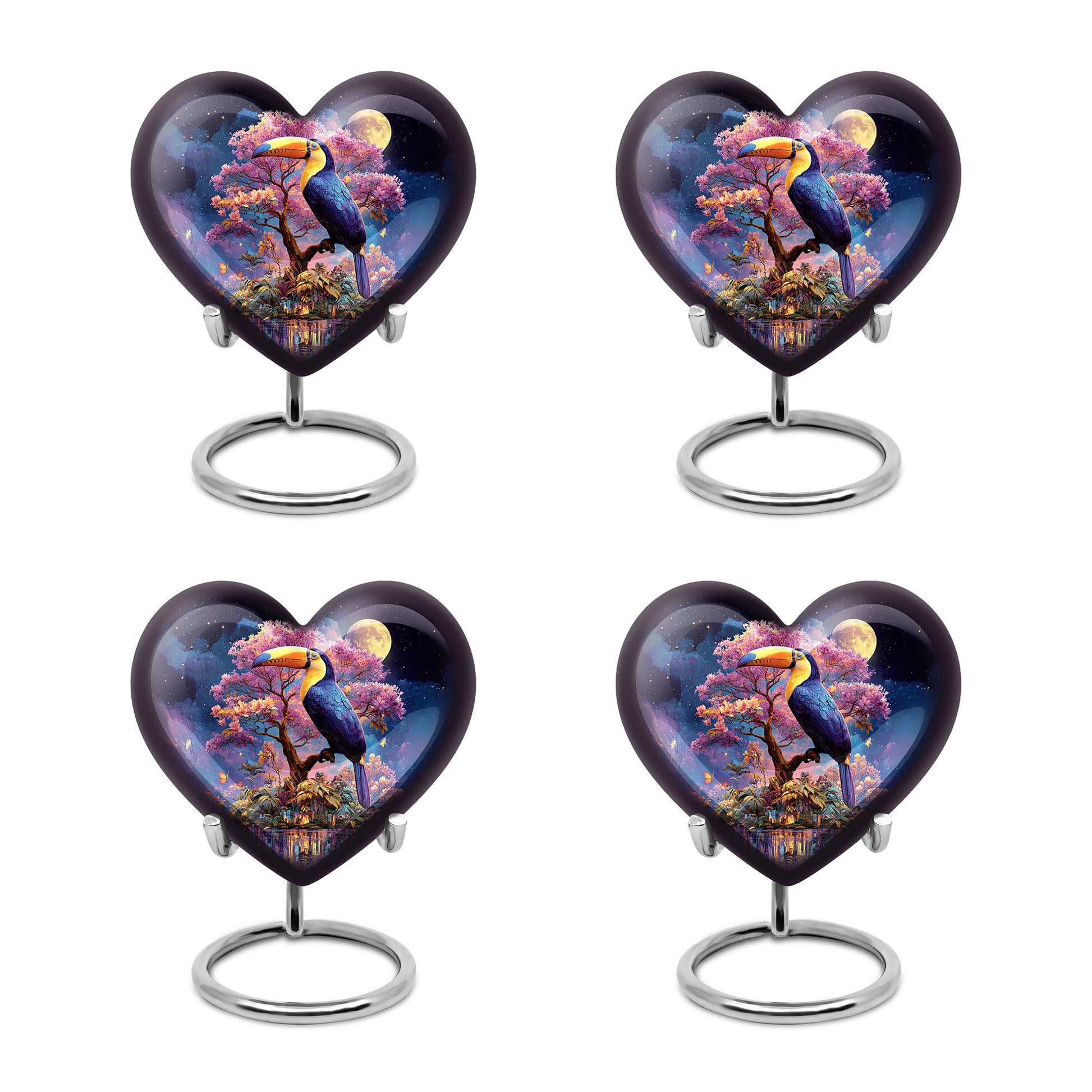 Pastel Blue Hornbill Cremation Urn angled view of lid and engraved motif - heart-shaped hornbill design symbolizing eternal love - 10 inch aluminum urn for cremated remains