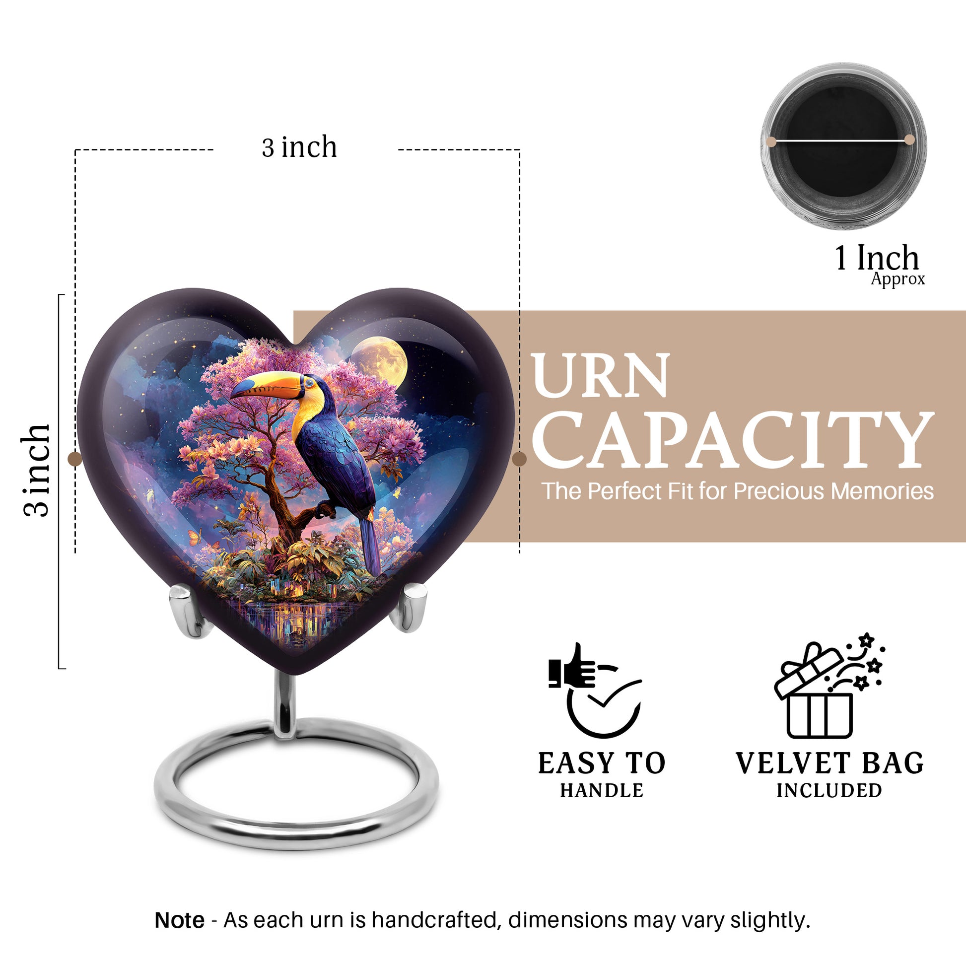 Celestial Blue Hornbill Cremation Urn front view showing detailed design - heart-shaped hornbill design symbolizing eternal love - mini keepsake memorial for portion of cremation ashes