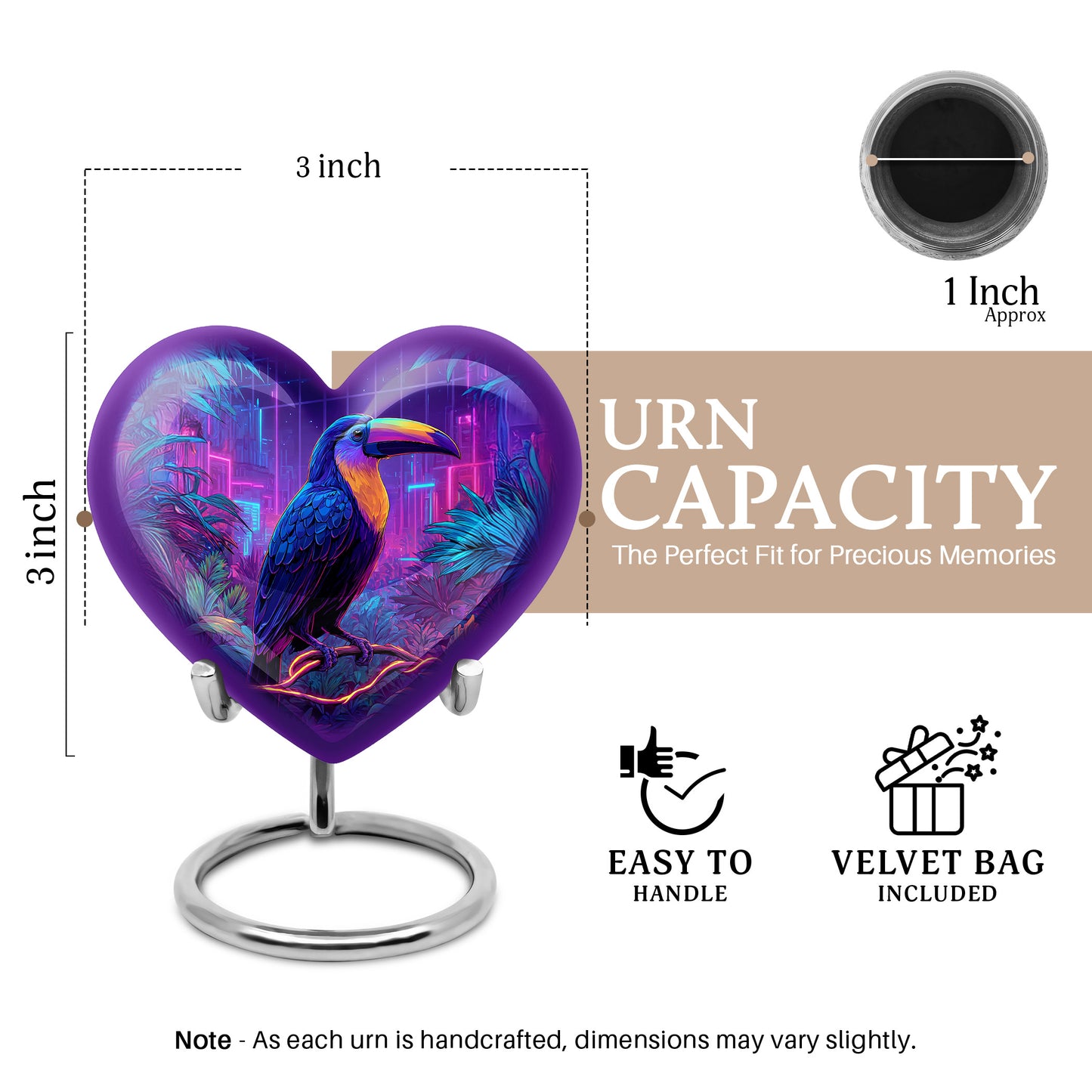 Cornflower Blue Hornbill Cremation Urn front view showing detailed design - romantic heart urn with hornbill motif on aluminum - mini keepsake memorial for portion of cremation ashes