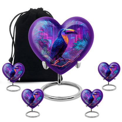 Cobalt Blue Hornbill Cremation Urn close-up of engraving and surface detail - romantic heart urn with hornbill motif on aluminum - memorial set with one large and four small urns