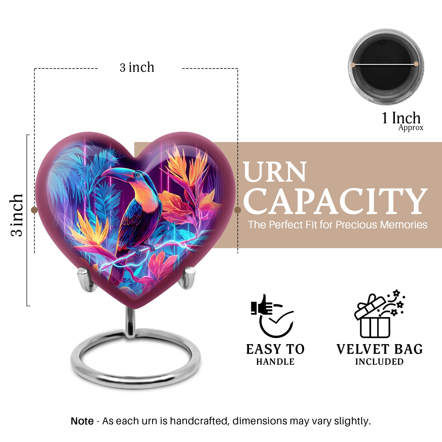 Majestic Purple Hornbill Cremation Urn front view showing detailed design - heart-shaped hornbill design symbolizing eternal love - mini keepsake memorial for portion of cremation ashes