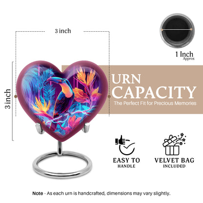 Majestic Purple Hornbill Cremation Urn front view showing detailed design - heart-shaped hornbill design symbolizing eternal love - mini keepsake memorial for portion of cremation ashes
