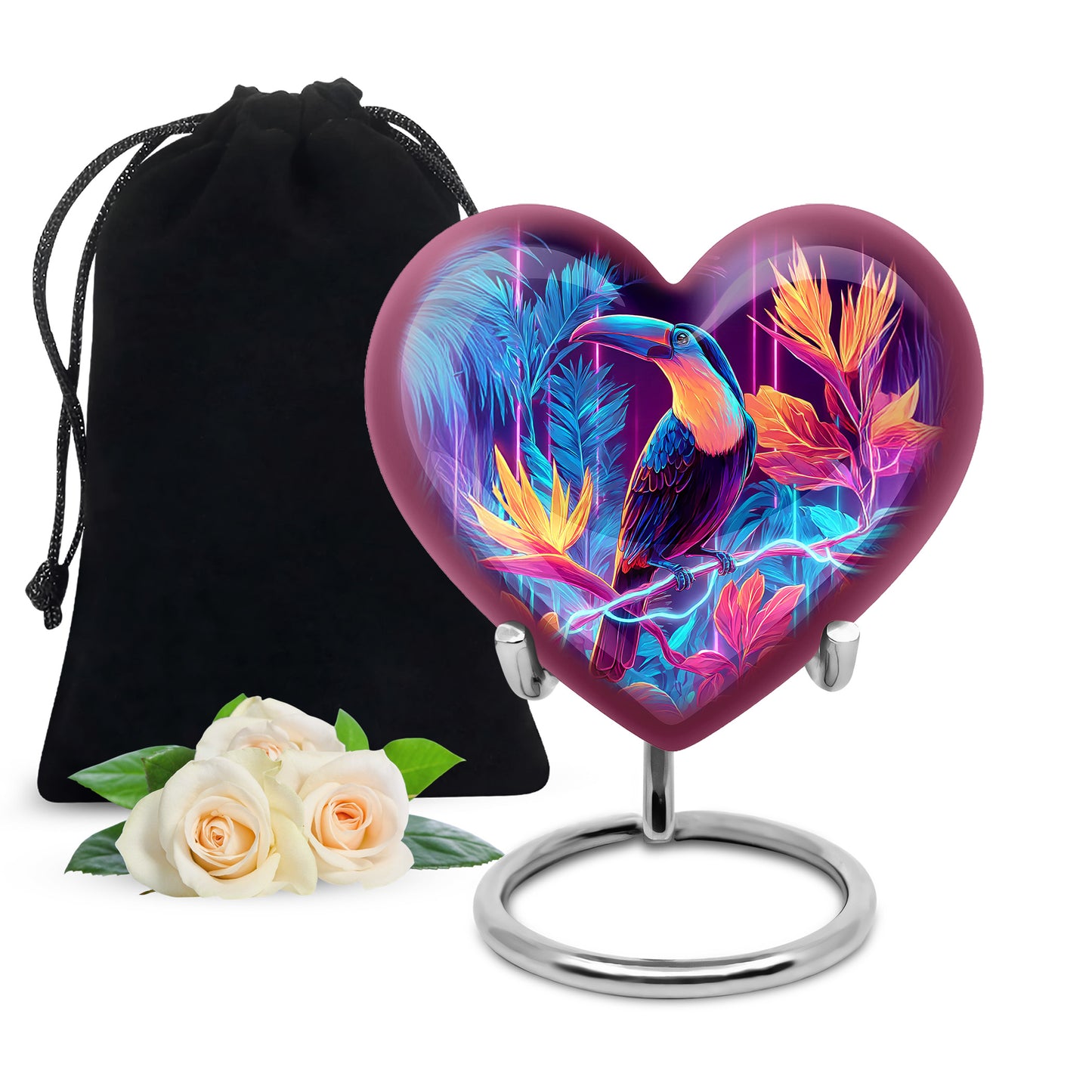 Twilight Purple Hornbill Cremation Urn detail view - romantic heart urn with hornbill motif on aluminum - full-size 10 inch 200 cubic inch adult cremation urn