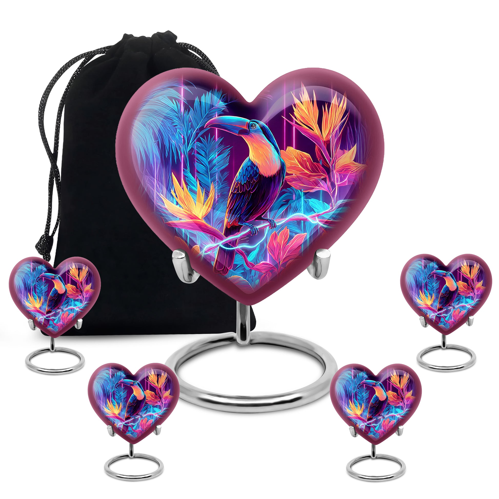 Violet Purple Hornbill Cremation Urn close-up of engraving and surface detail - romantic heart urn with hornbill motif on aluminum - memorial set with one large and four small urns