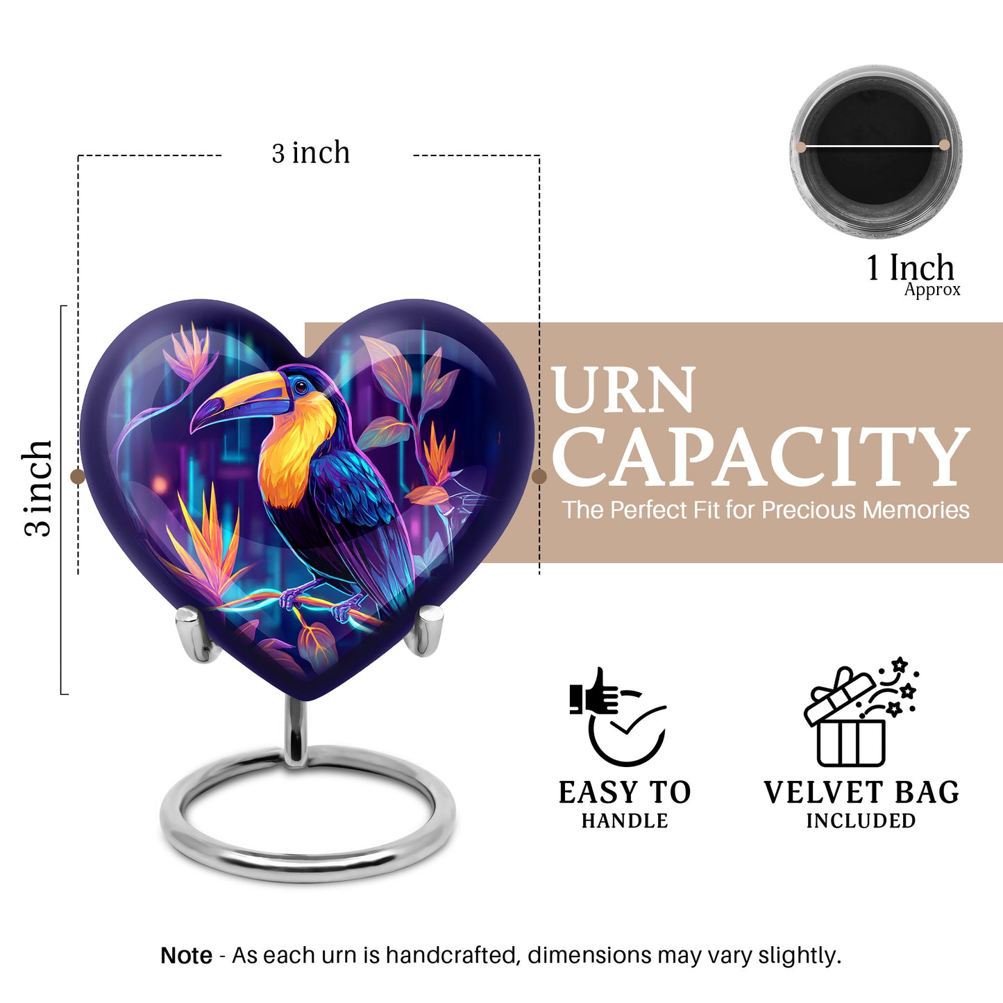 Misty Blue Hornbill Cremation Urn front view showing detailed design - heart-shaped hornbill design symbolizing eternal love - mini keepsake memorial for portion of cremation ashes