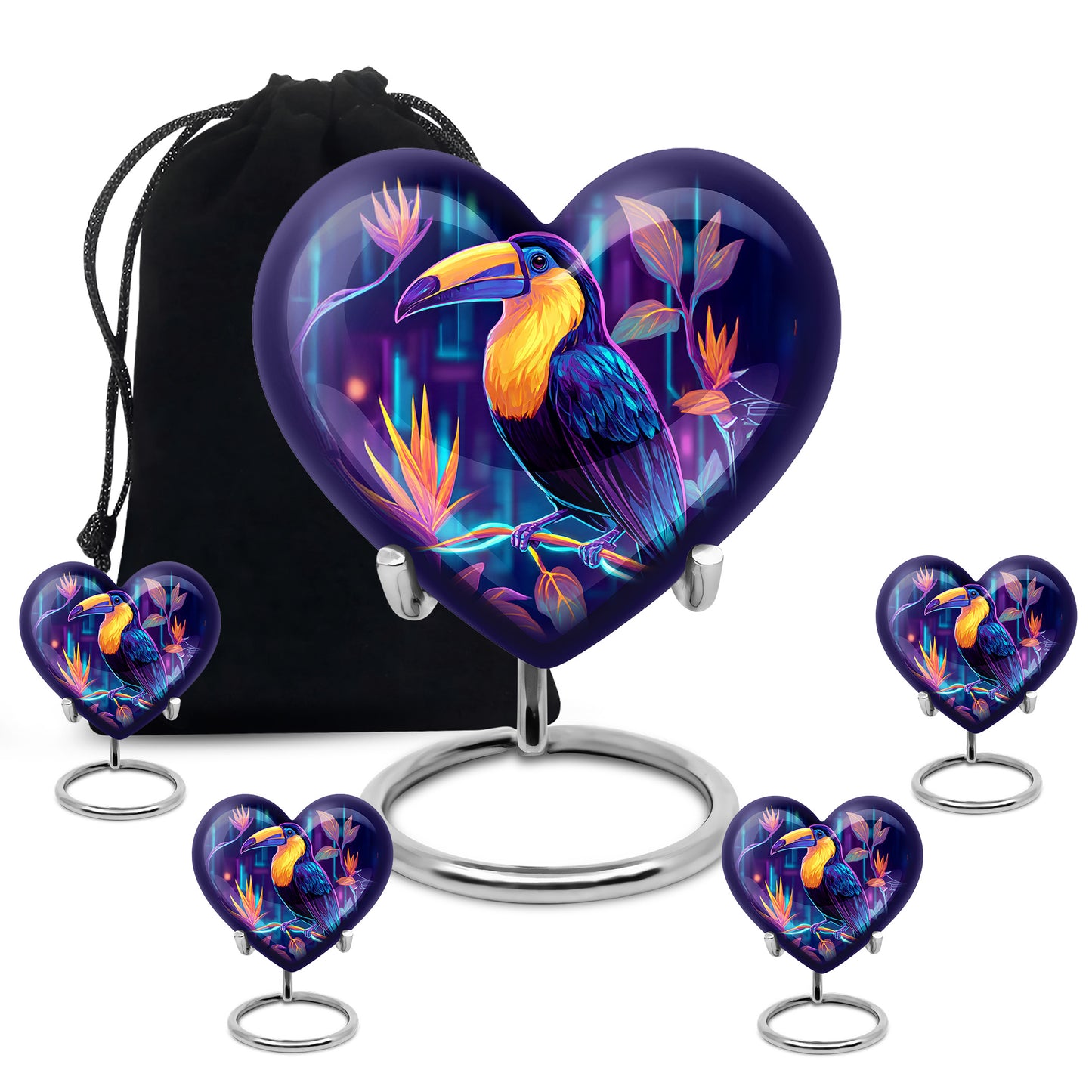 Cobalt Blue Hornbill Cremation Urn close-up of engraving and surface detail - compassionate heart-hornbill combination with gentle curves - memorial set with one large and four small urns