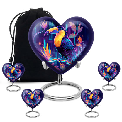 Cobalt Blue Hornbill Cremation Urn close-up of engraving and surface detail - compassionate heart-hornbill combination with gentle curves - memorial set with one large and four small urns