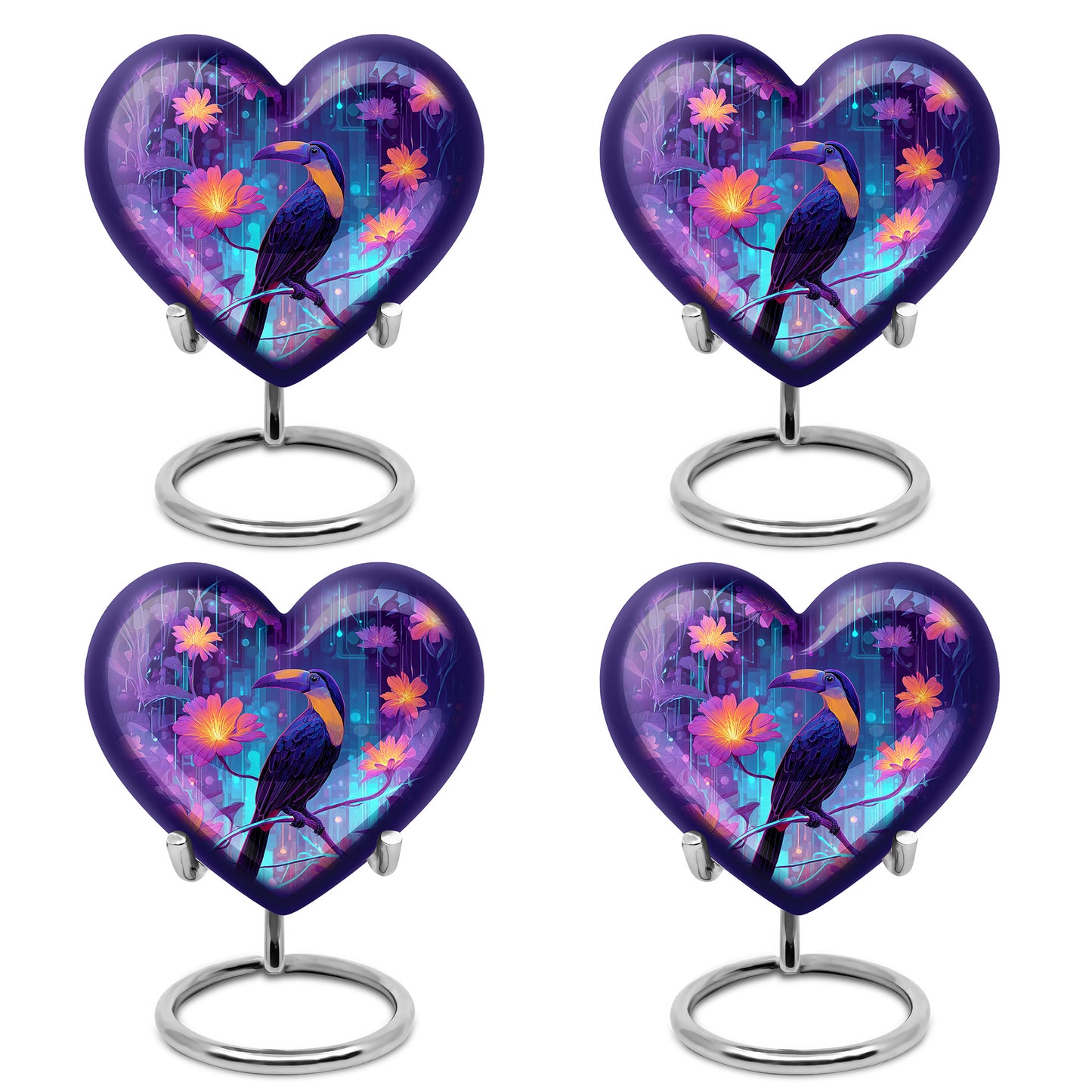 Steel Blue Hornbill Cremation Urn angled view of lid and engraved motif - romantic heart urn with hornbill motif on aluminum - 10 inch aluminum urn for cremated remains