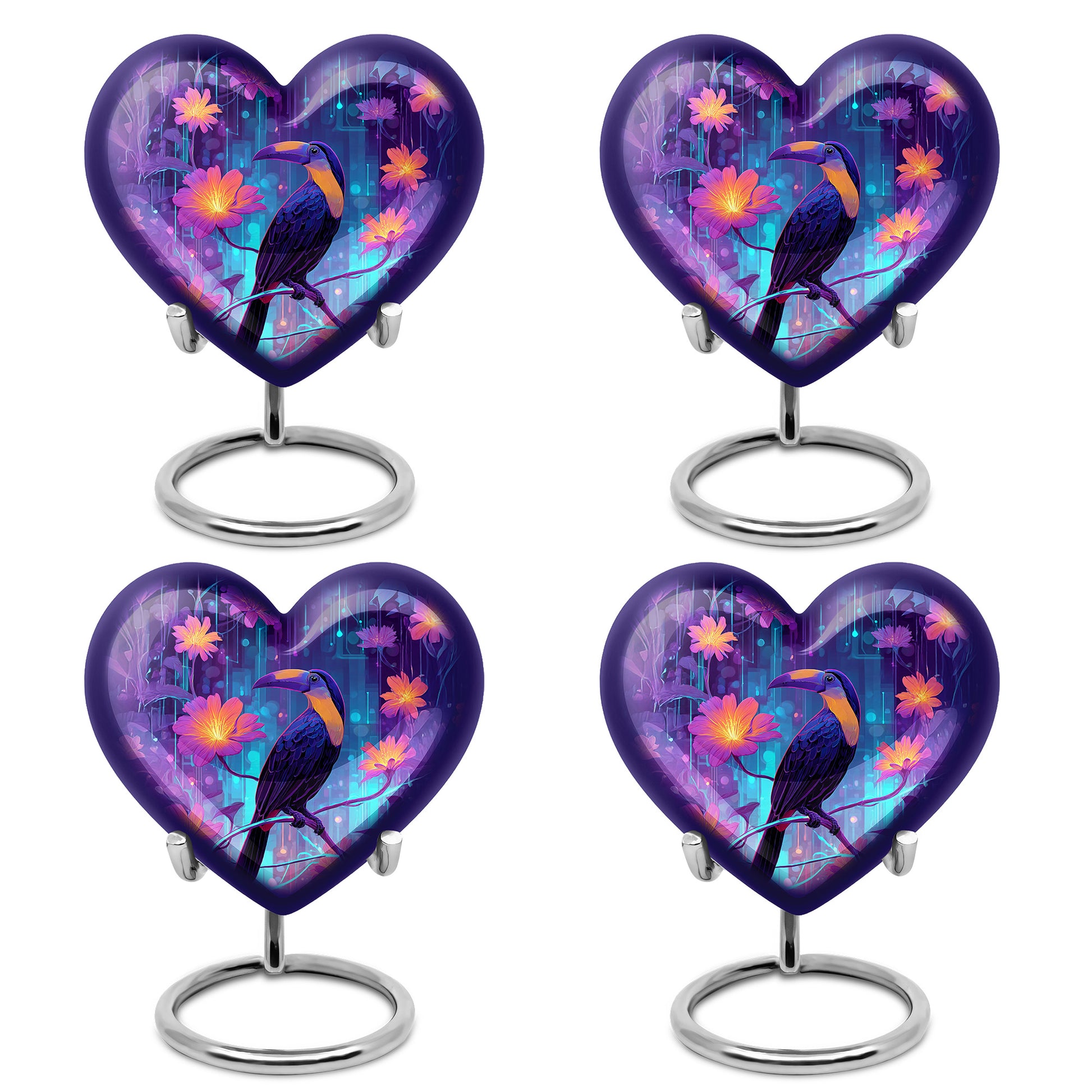 Steel Blue Hornbill Cremation Urn angled view of lid and engraved motif - romantic heart urn with hornbill motif on aluminum - 10 inch aluminum urn for cremated remains