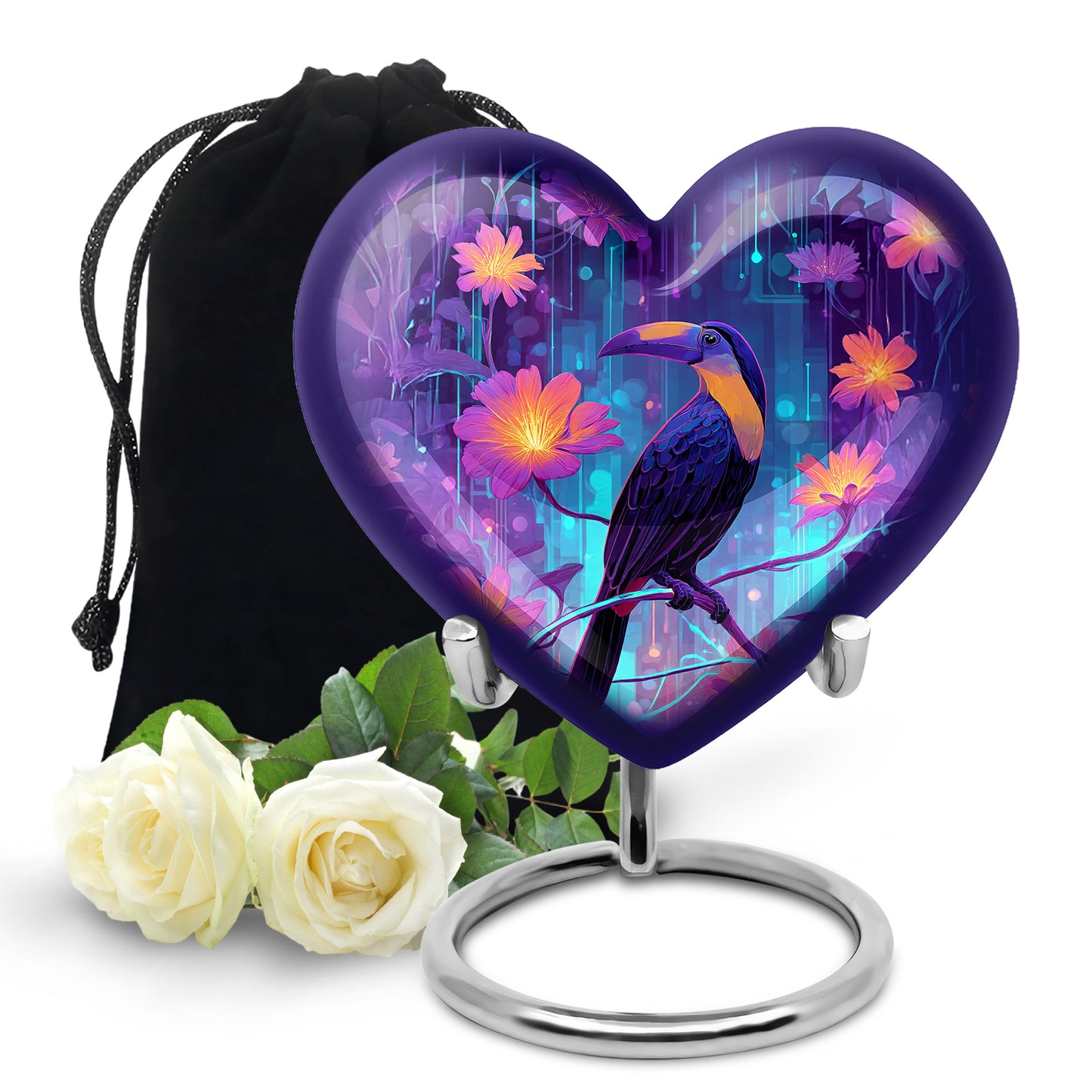 Steel Blue Hornbill Cremation Urn detail view - romantic heart urn with hornbill motif on aluminum - full-size 10 inch 200 cubic inch adult cremation urn