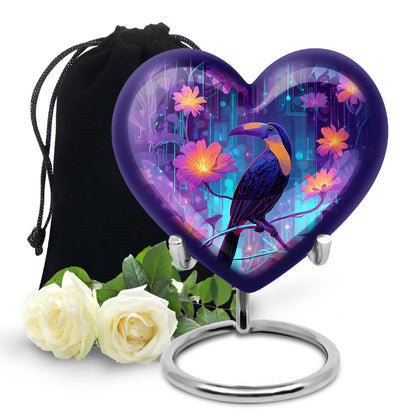 Steel Blue Hornbill Cremation Urn detail view - romantic heart urn with hornbill motif on aluminum - full-size 10 inch 200 cubic inch adult cremation urn
