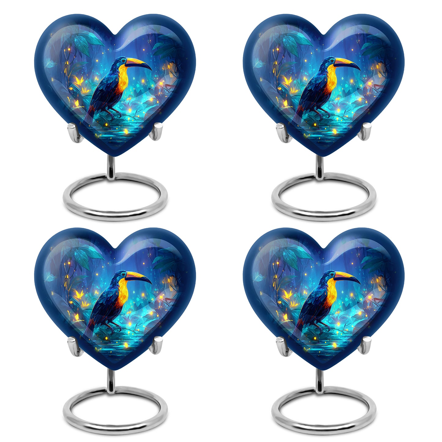 Azure Hornbill Cremation Urn angled view of lid and engraved motif - loving heart memorial featuring hornbill pattern - 10 inch aluminum urn for cremated remains