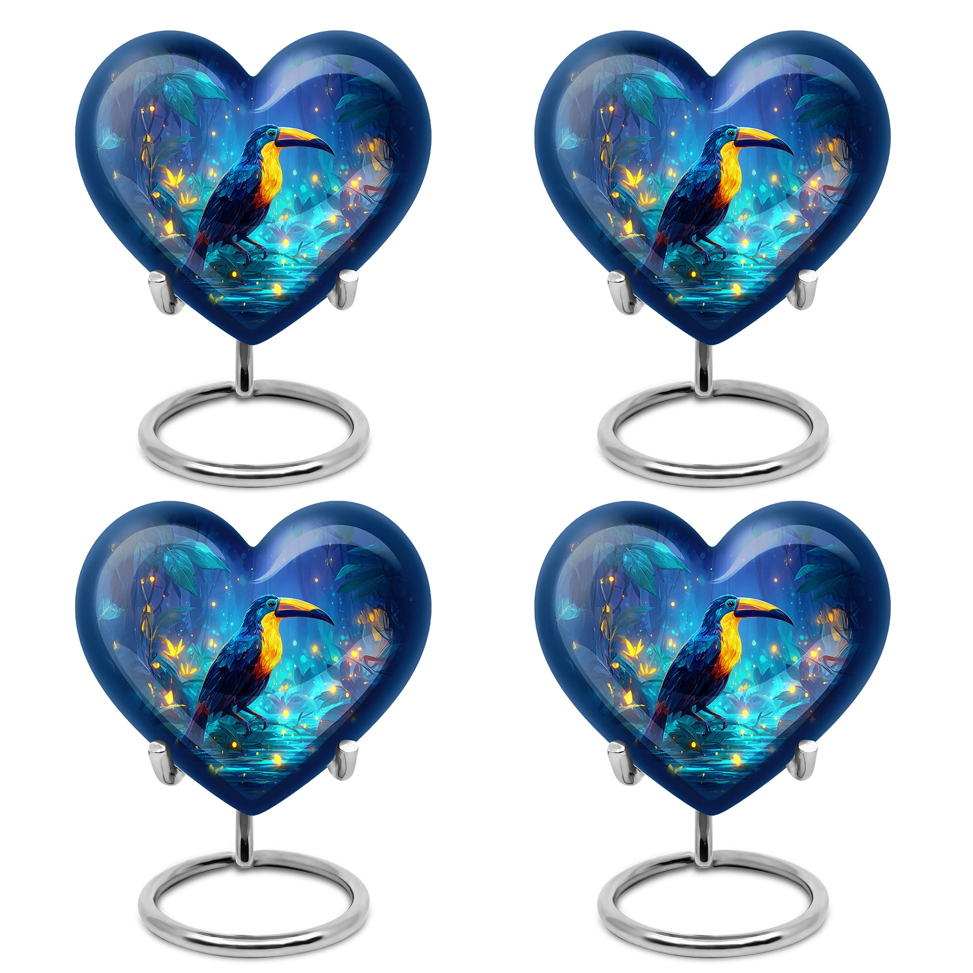 Azure Hornbill Cremation Urn angled view of lid and engraved motif - loving heart memorial featuring hornbill pattern - 10 inch aluminum urn for cremated remains