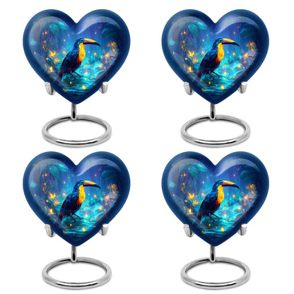 Azure Hornbill Cremation Urn angled view of lid and engraved motif - loving heart memorial featuring hornbill pattern - 10 inch aluminum urn for cremated remains