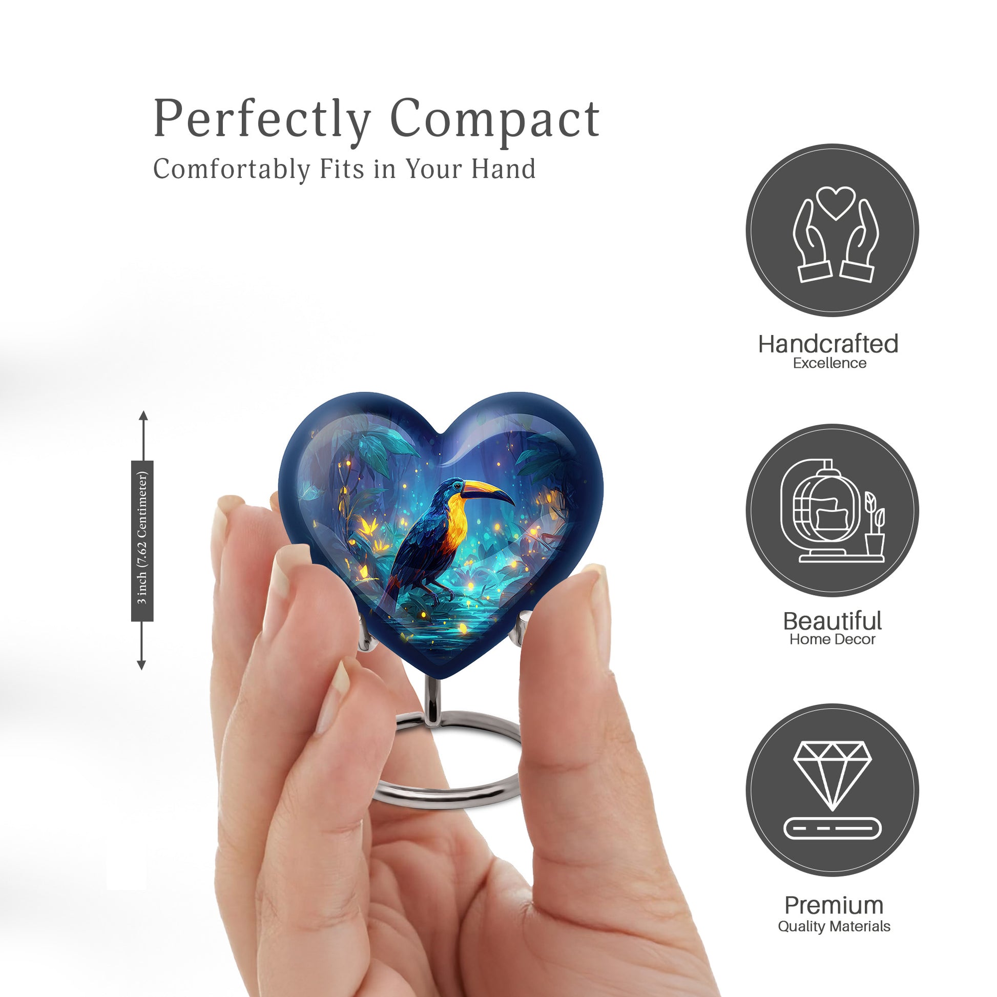 Icy Blue Hornbill Cremation Urn front view showing detailed design - heart-shaped hornbill design symbolizing eternal love - mini keepsake memorial for portion of cremation ashes