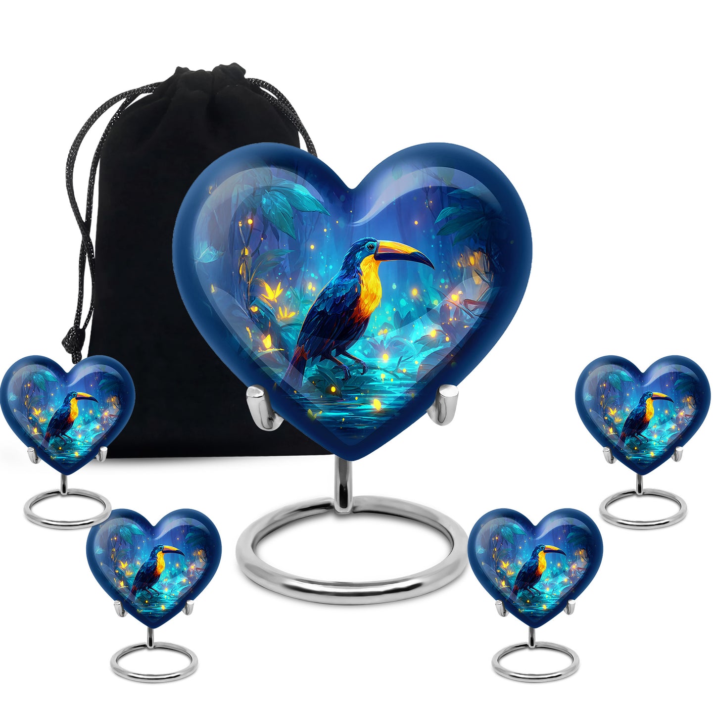Serene Blue Hornbill Cremation Urn close-up of engraving and surface detail - compassionate heart-hornbill combination with gentle curves - memorial set with one large and four small urns