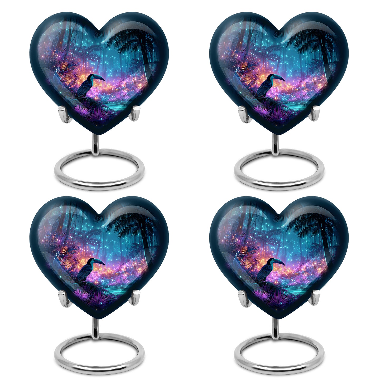 Slate Blue Hornbill Cremation Urn angled view of lid and engraved motif - heart-shaped hornbill design symbolizing eternal love - 10 inch aluminum urn for cremated remains