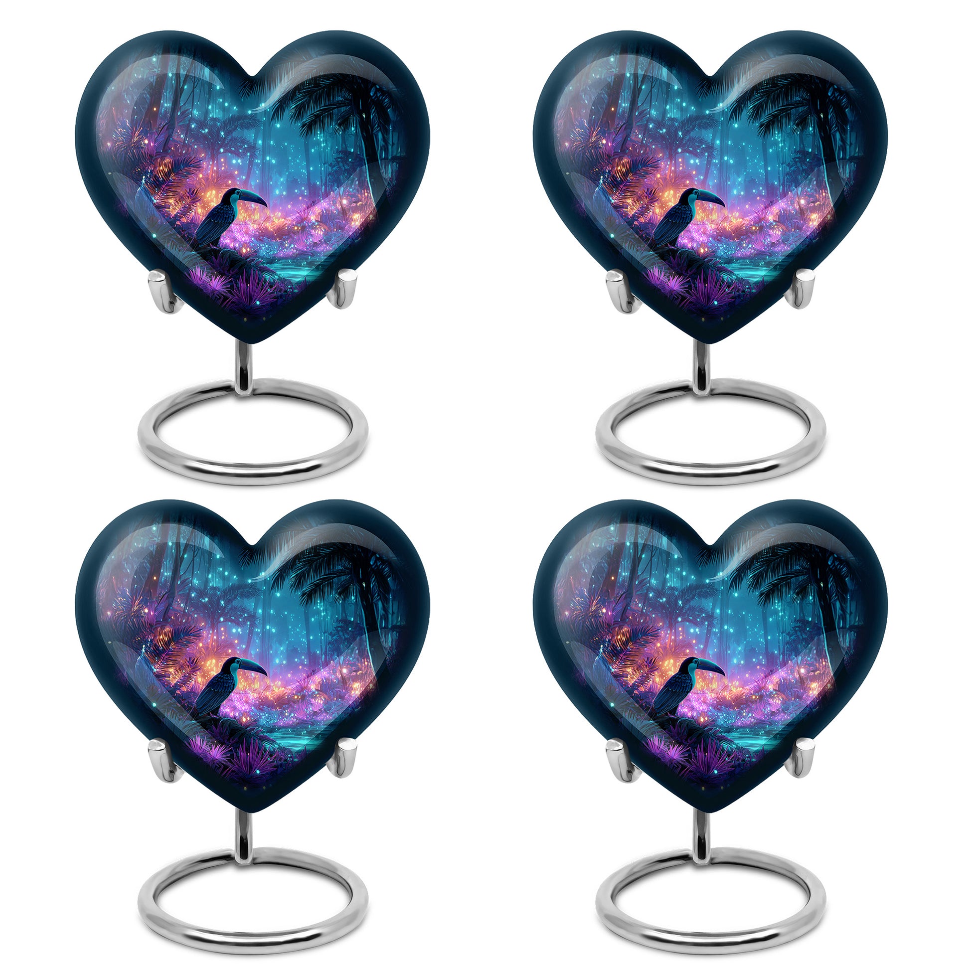 Slate Blue Hornbill Cremation Urn angled view of lid and engraved motif - heart-shaped hornbill design symbolizing eternal love - 10 inch aluminum urn for cremated remains