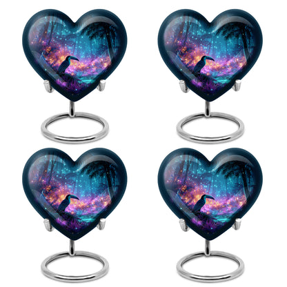 Slate Blue Hornbill Cremation Urn angled view of lid and engraved motif - heart-shaped hornbill design symbolizing eternal love - 10 inch aluminum urn for cremated remains