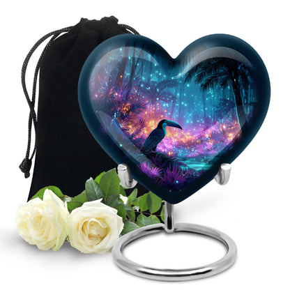 Steel Blue Hornbill Cremation Urn detail view - compassionate heart-hornbill combination with gentle curves - full-size 10 inch 200 cubic inch adult cremation urn
