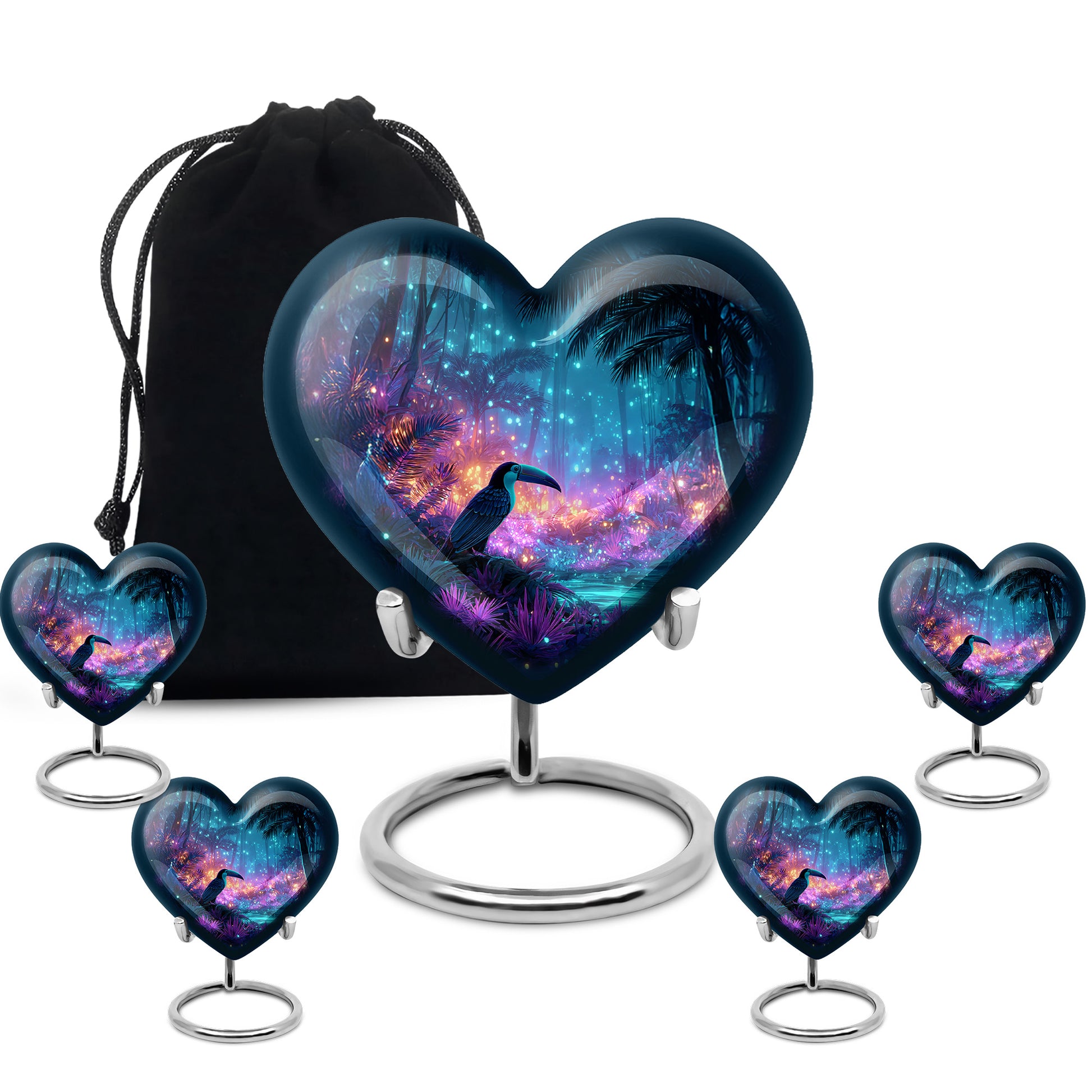 Celestial Blue Hornbill Cremation Urn close-up of engraving and surface detail - heart-shaped hornbill design symbolizing eternal love - memorial set with one large and four small urns