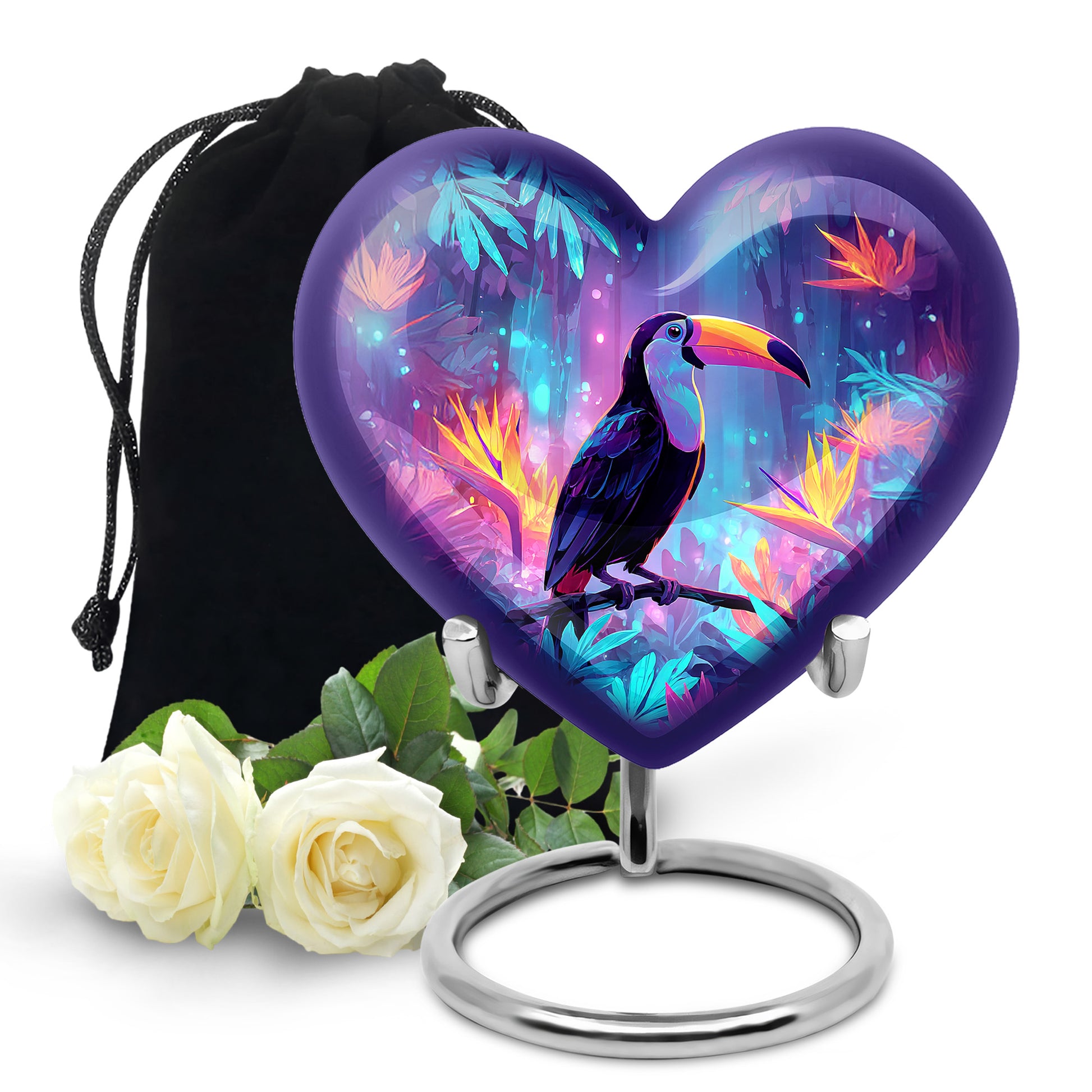 Cornflower Blue Hornbill Cremation Urn detail view - romantic heart urn with hornbill motif on aluminum - full-size 10 inch 200 cubic inch adult cremation urn