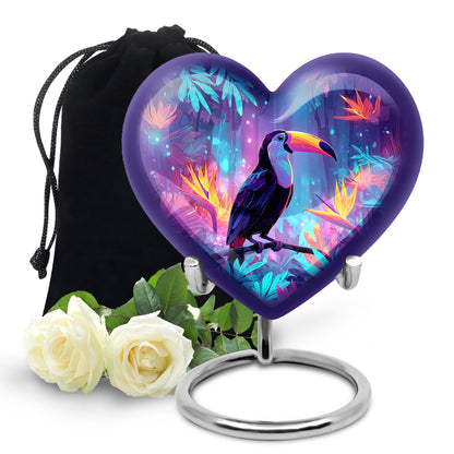 Cornflower Blue Hornbill Cremation Urn detail view - romantic heart urn with hornbill motif on aluminum - full-size 10 inch 200 cubic inch adult cremation urn
