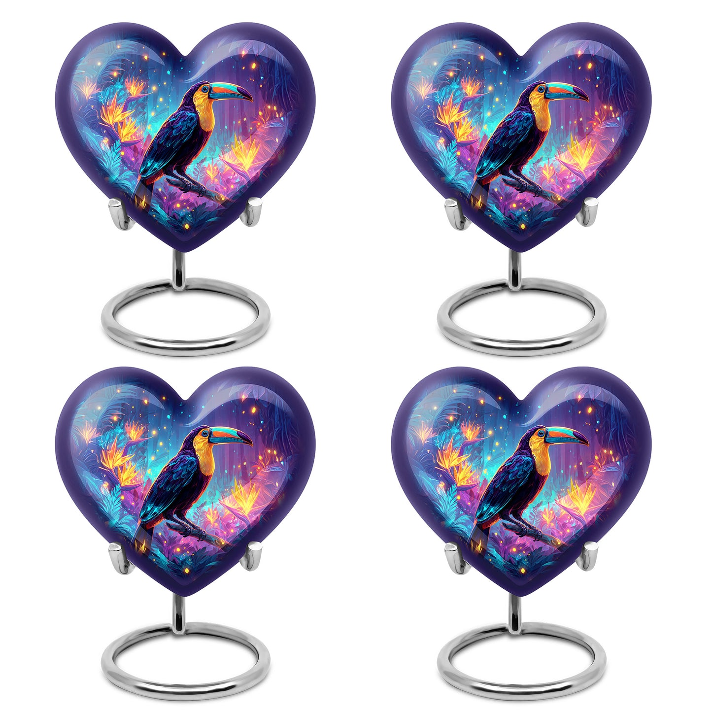 Steel Blue Hornbill Cremation Urn angled view of lid and engraved motif - romantic heart urn with hornbill motif on aluminum - 10 inch aluminum urn for cremated remains