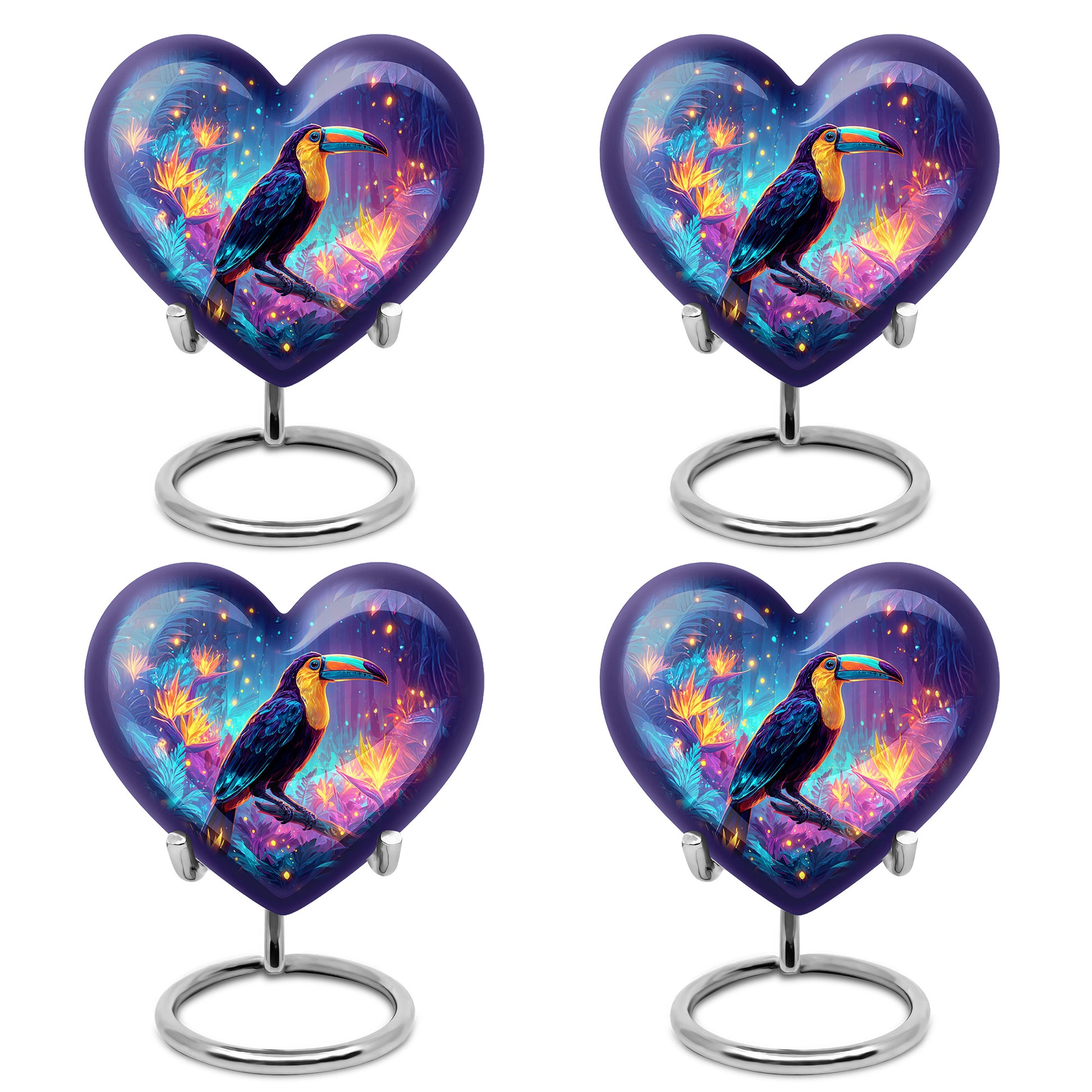 Steel Blue Hornbill Cremation Urn angled view of lid and engraved motif - romantic heart urn with hornbill motif on aluminum - 10 inch aluminum urn for cremated remains