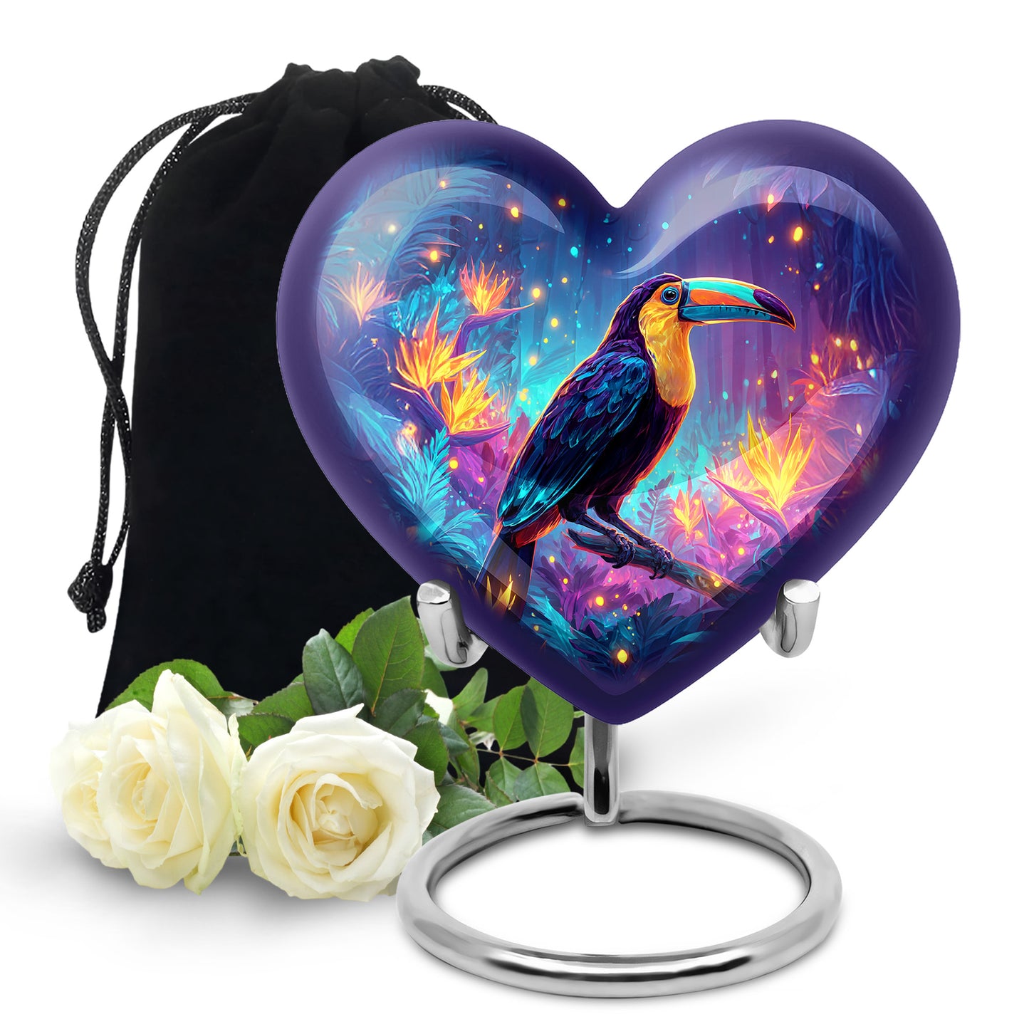 Navy Blue Hornbill Cremation Urn detail view - heart-shaped hornbill design symbolizing eternal love - full-size 10 inch 200 cubic inch adult cremation urn