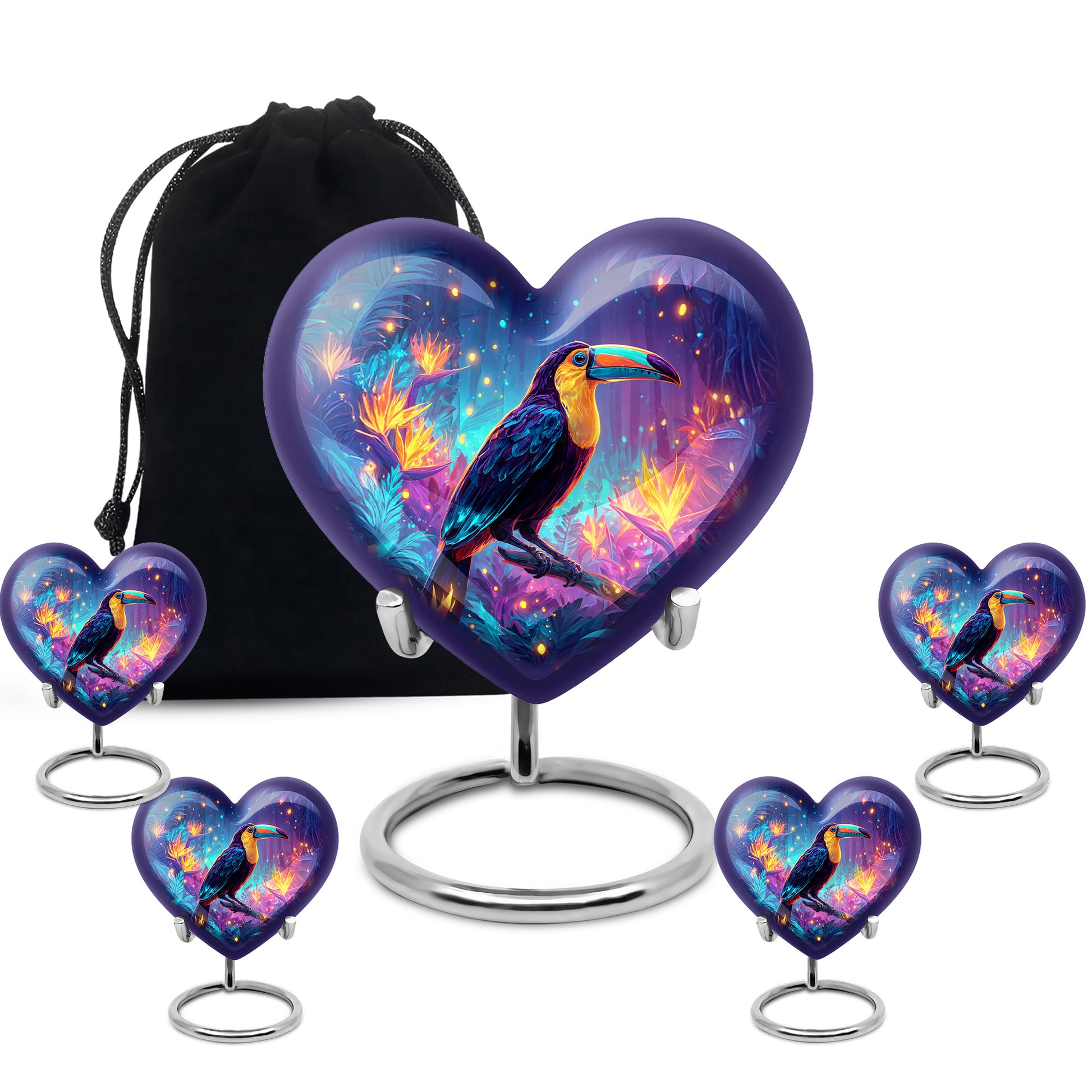 Royal Blue Hornbill Cremation Urn close-up of engraving and surface detail - compassionate heart-hornbill combination with gentle curves - memorial set with one large and four small urns