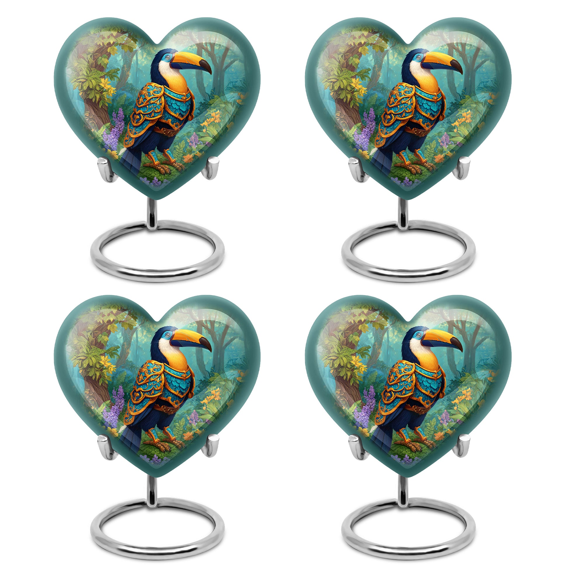 Lemon Yellow Hornbill Cremation Urn angled view of lid and engraved motif - romantic heart urn with hornbill motif on aluminum - 10 inch aluminum urn for cremated remains