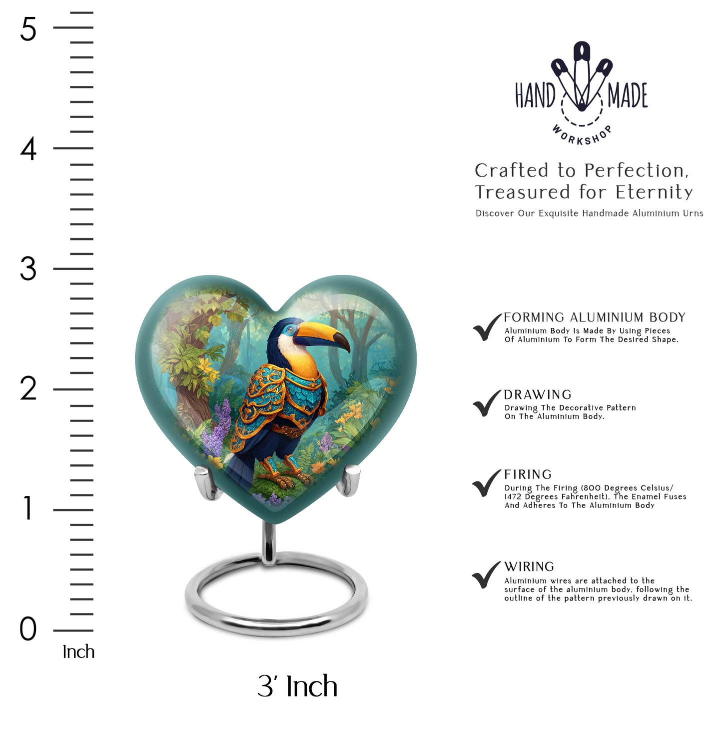 Golden Yellow Hornbill Cremation Urn front view showing detailed design - heart-shaped hornbill design symbolizing eternal love - mini keepsake memorial for portion of cremation ashes