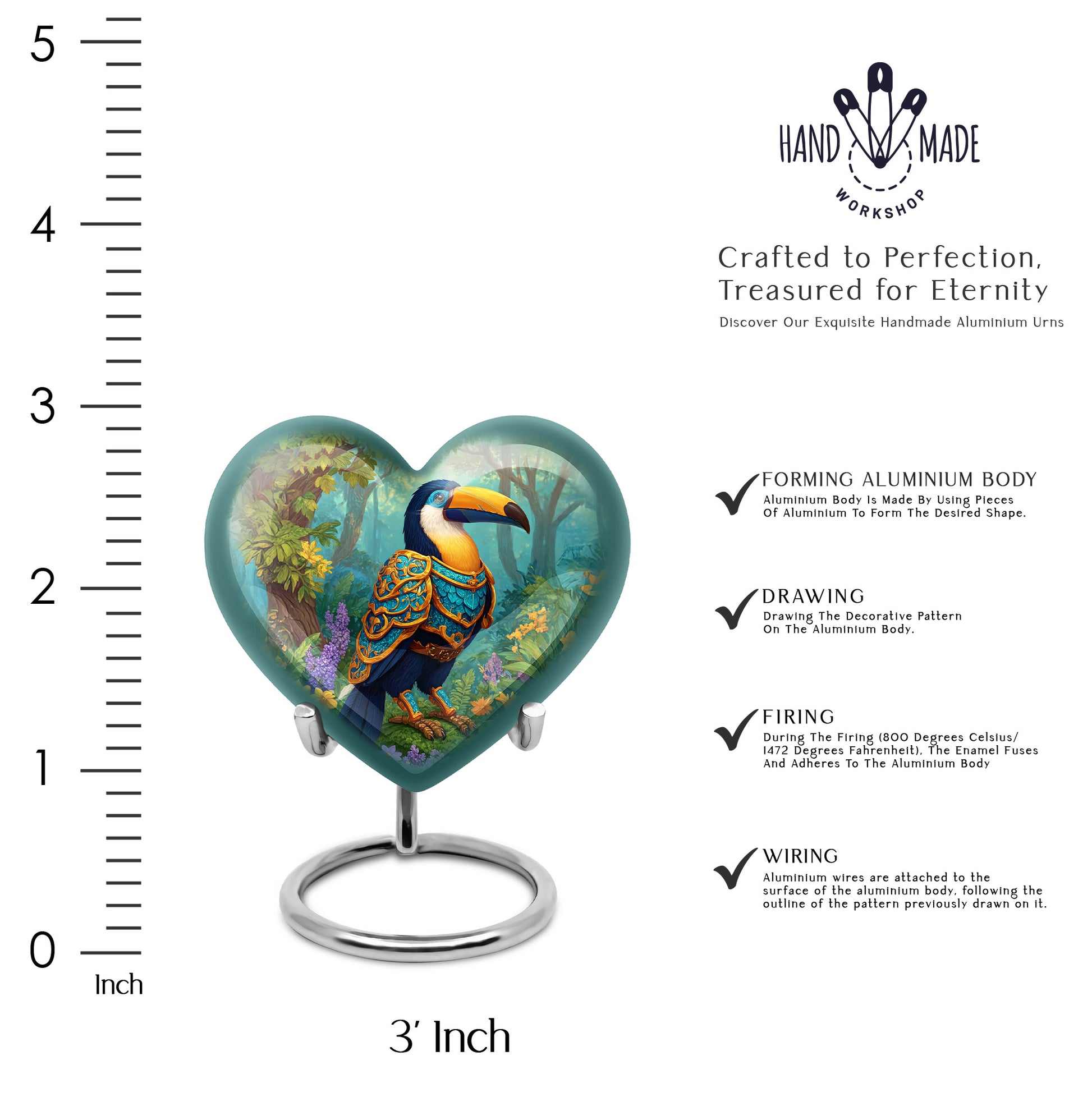 Golden Yellow Hornbill Cremation Urn front view showing detailed design - heart-shaped hornbill design symbolizing eternal love - mini keepsake memorial for portion of cremation ashes